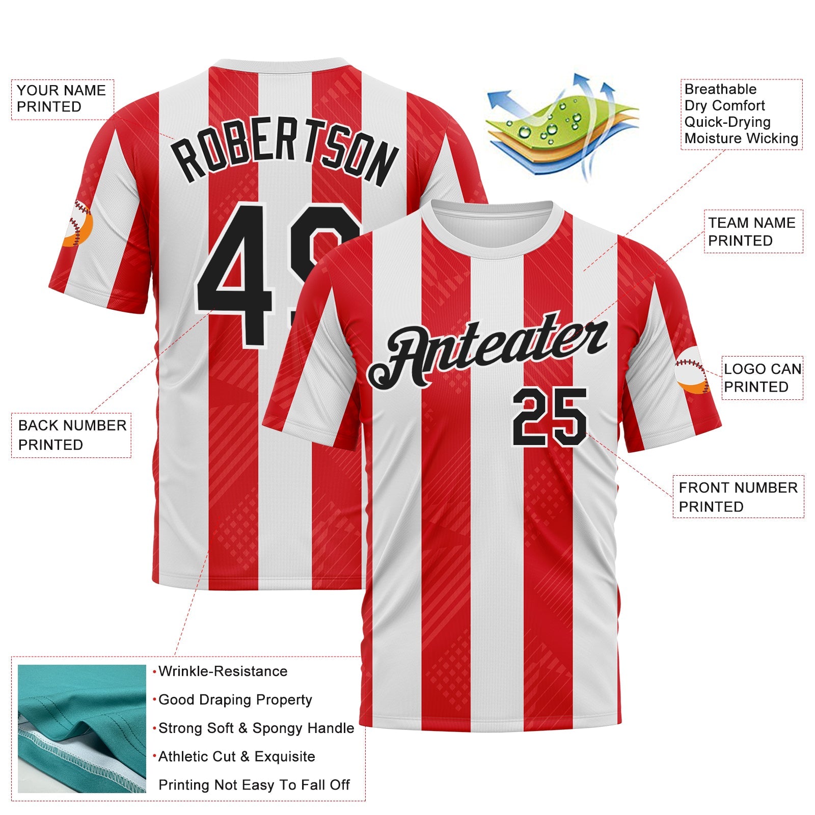 Custom Red Black-White Vertical Stripe Classic Performance T-Shirt view 2