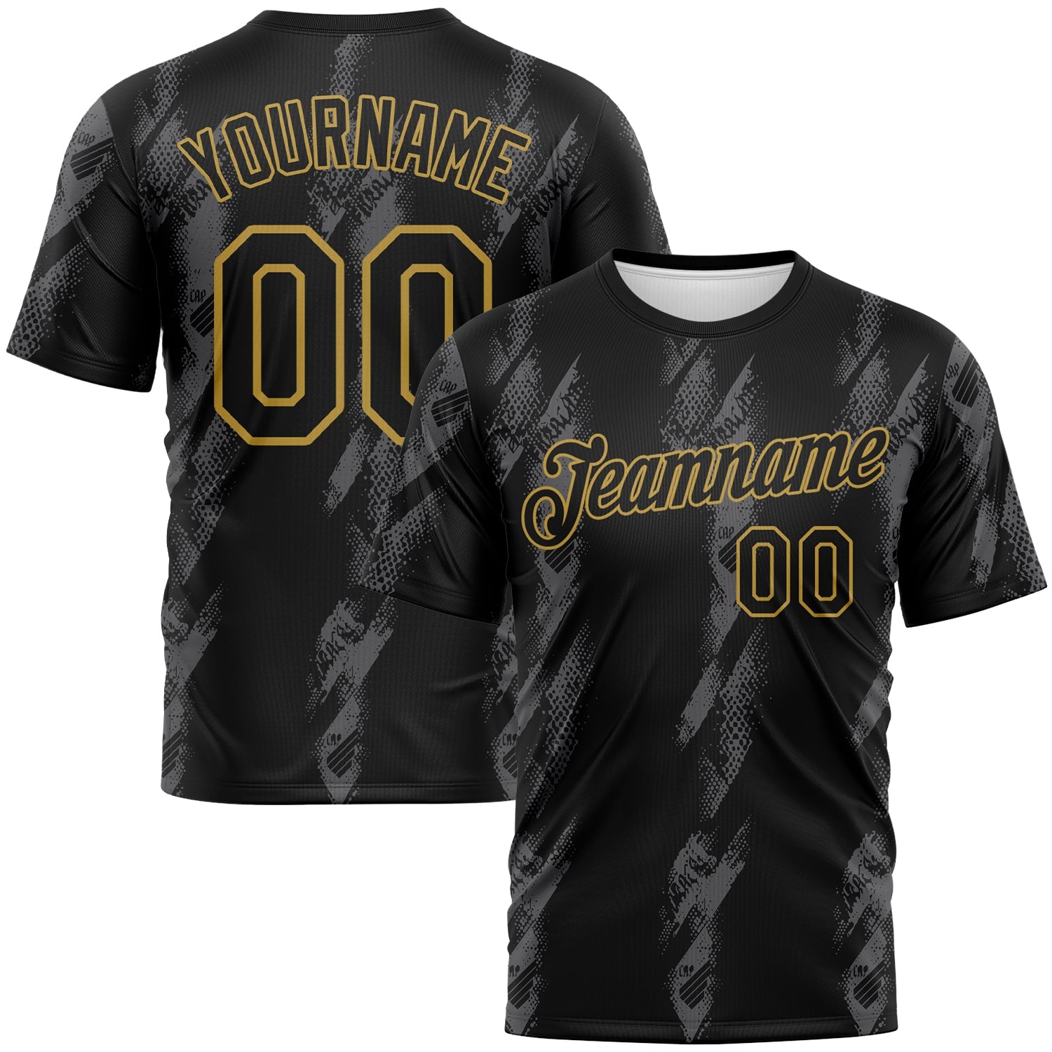Custom Black Steel Gray-Old Gold Grunge Slash Performance T-Shirt - Main View
