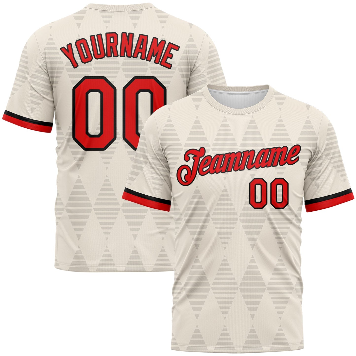 Custom Cream Fire Red-Black Geometric Diamond Classic Performance T-Shirt - Main View