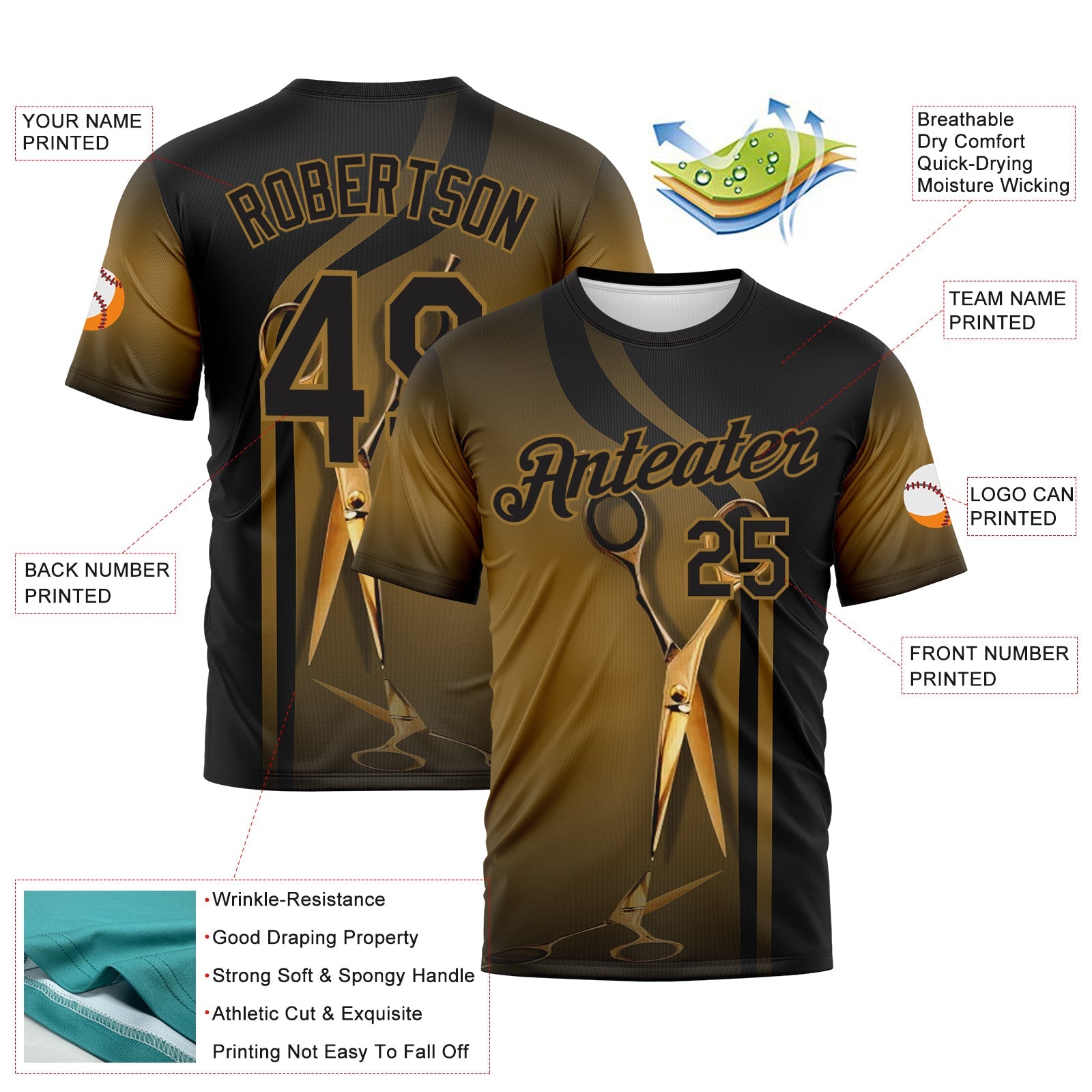 Custom Black-Old Gold Scissors Barber Shop Performance T-Shirt view 2
