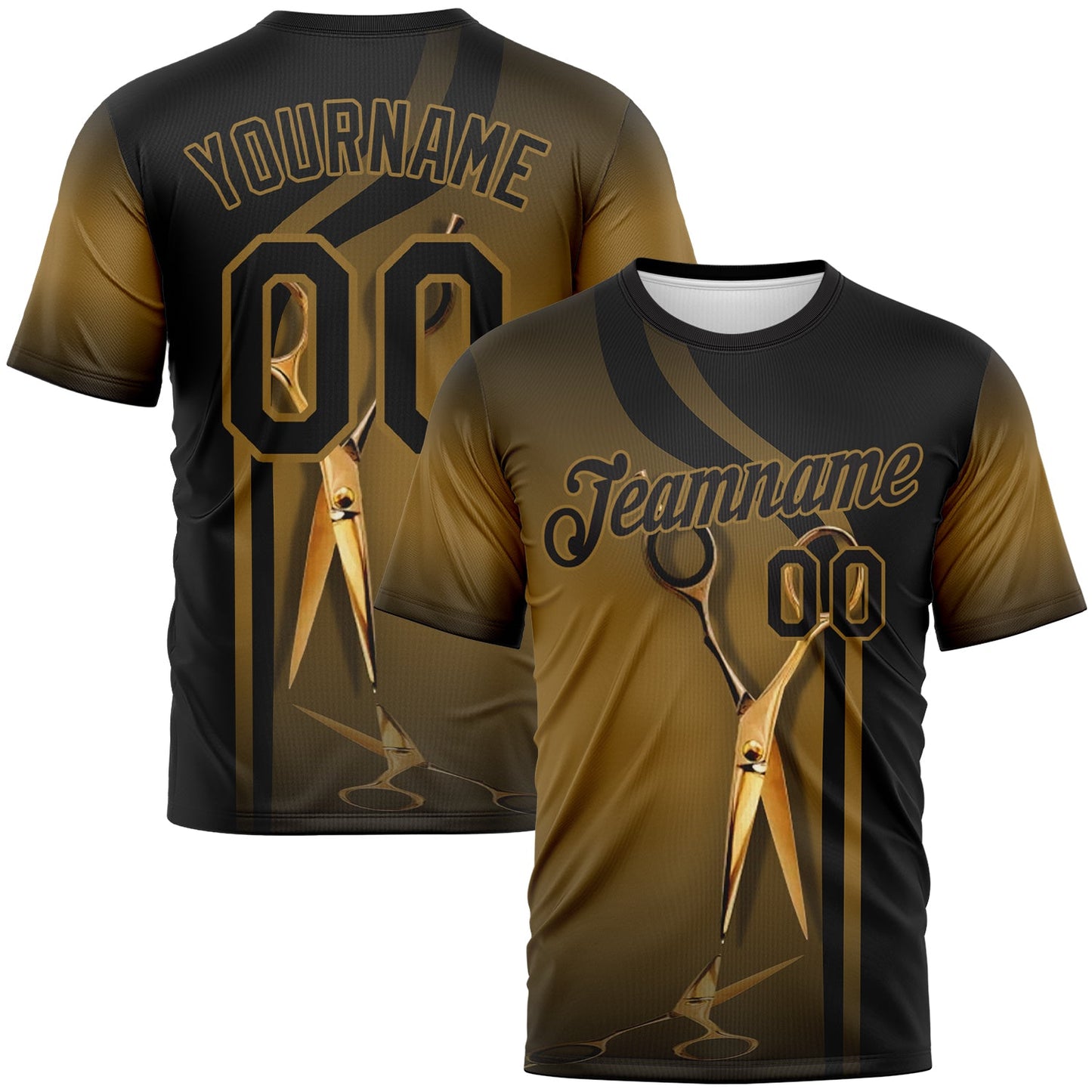 Custom Black-Old Gold Scissors Barber Shop Performance T-Shirt - Main View