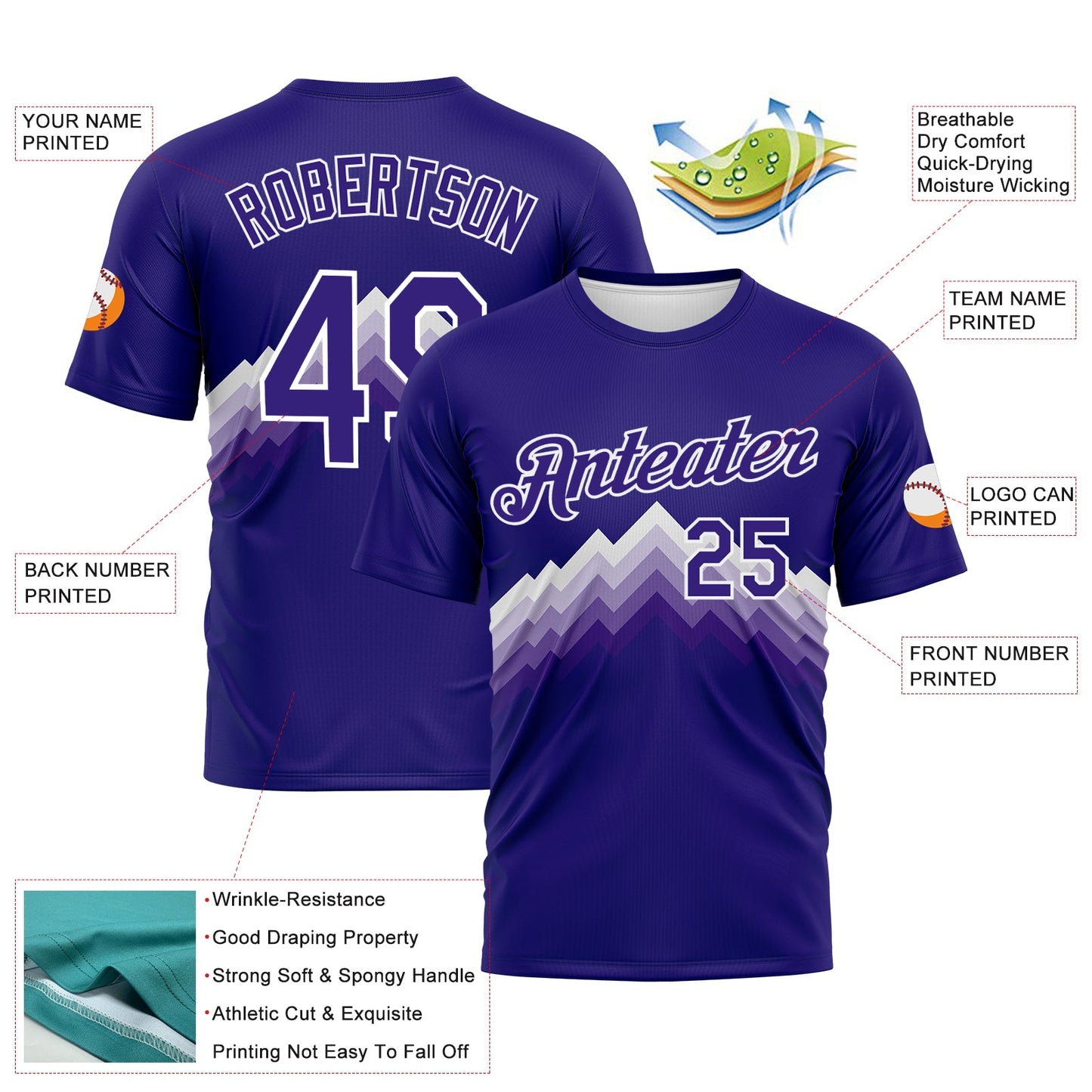 Custom Dark Purple-White Zigzag Step Fade Effect Performance T-Shirt view 2