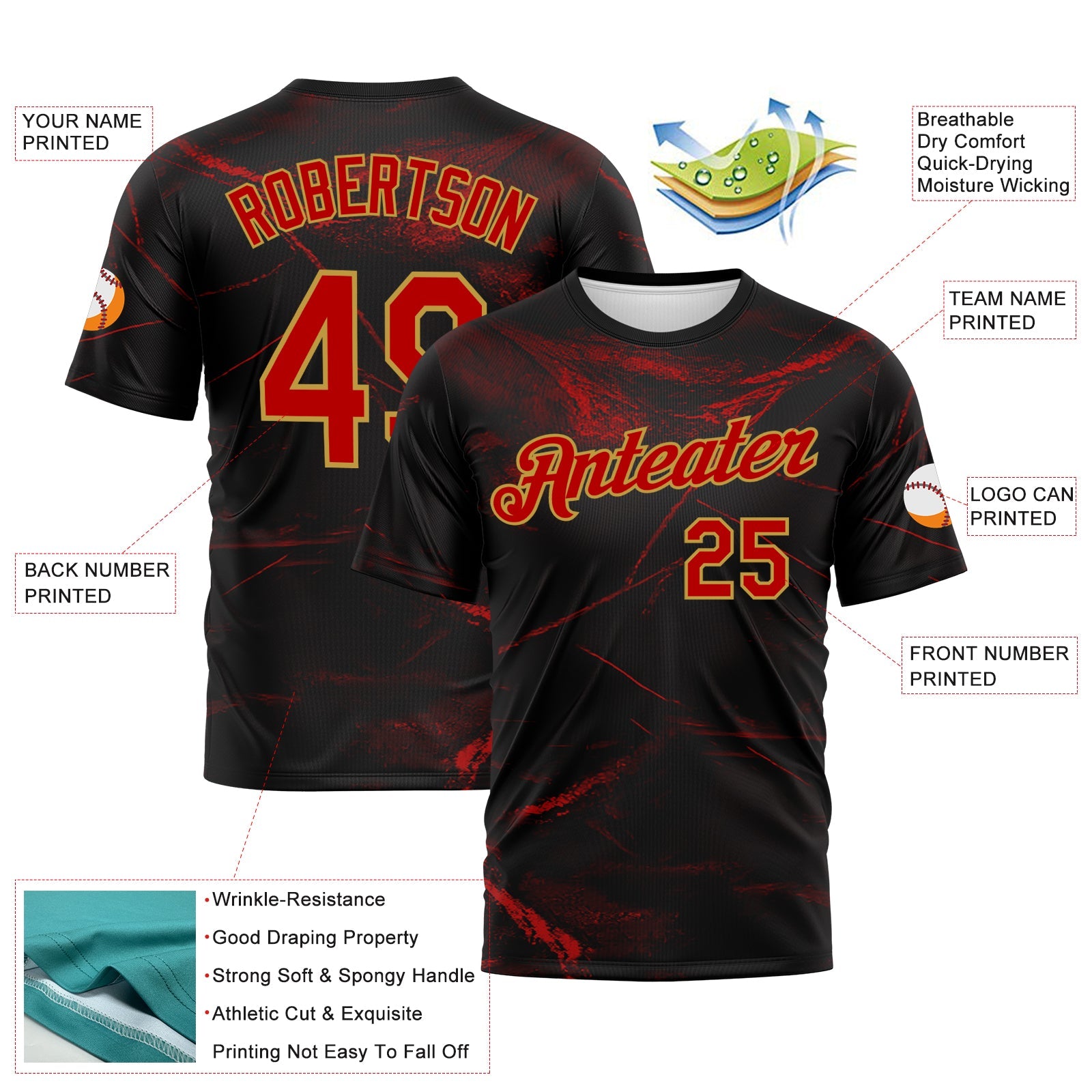 Custom Black Red-Old Gold Marble Texture Performance T-Shirt view 2