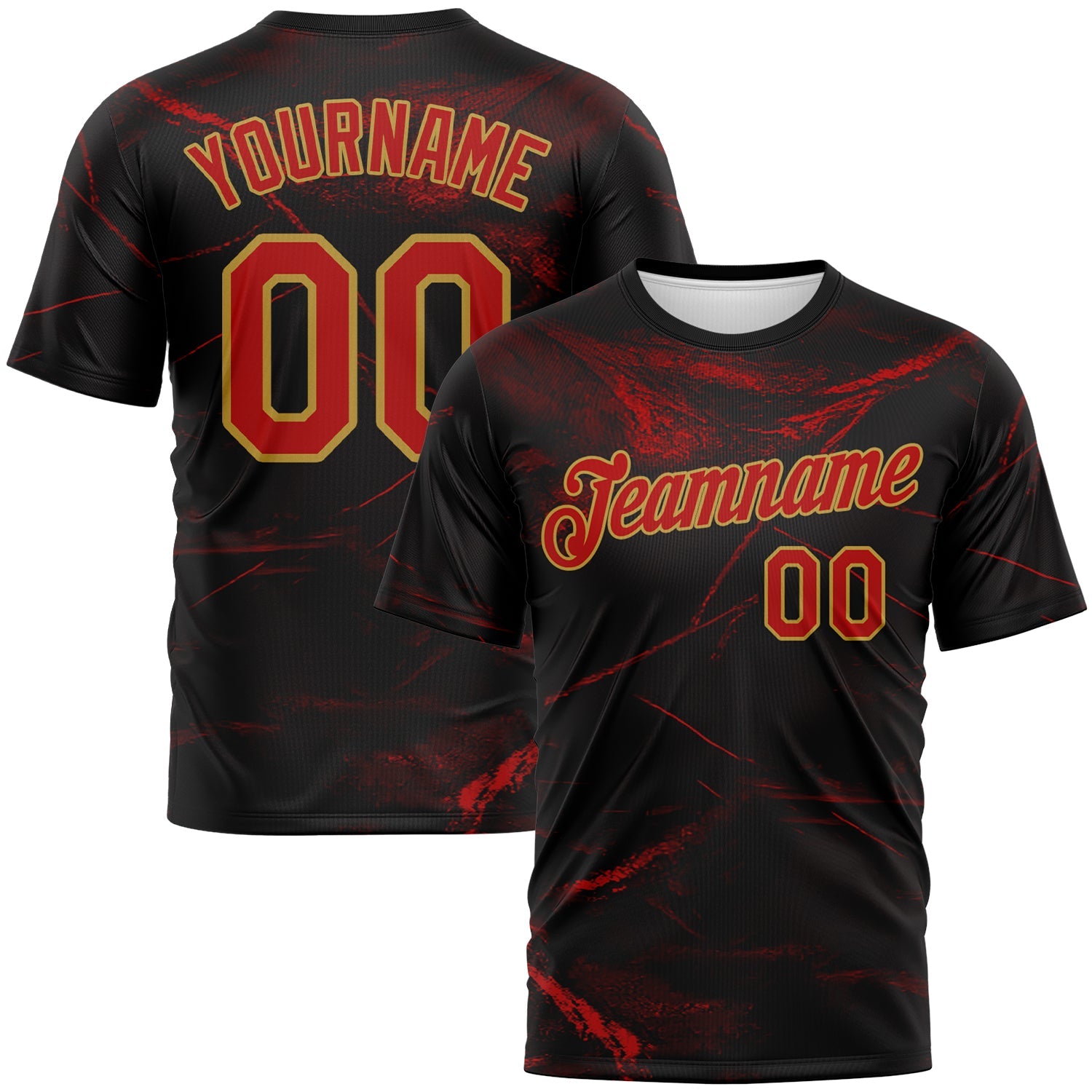Custom Black Red-Old Gold Marble Texture Performance T-Shirt - Main View