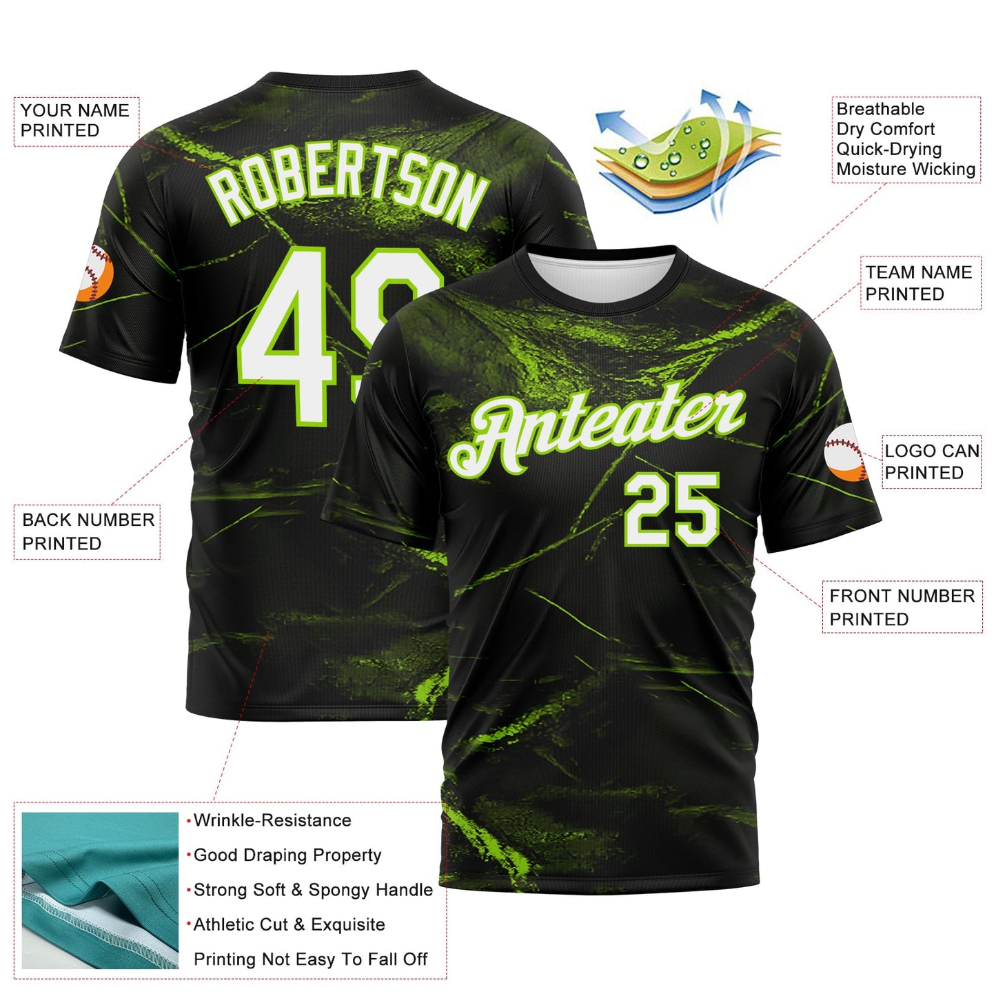 Custom Black White-Neon Green Marble Texture Performance T-Shirt view 2