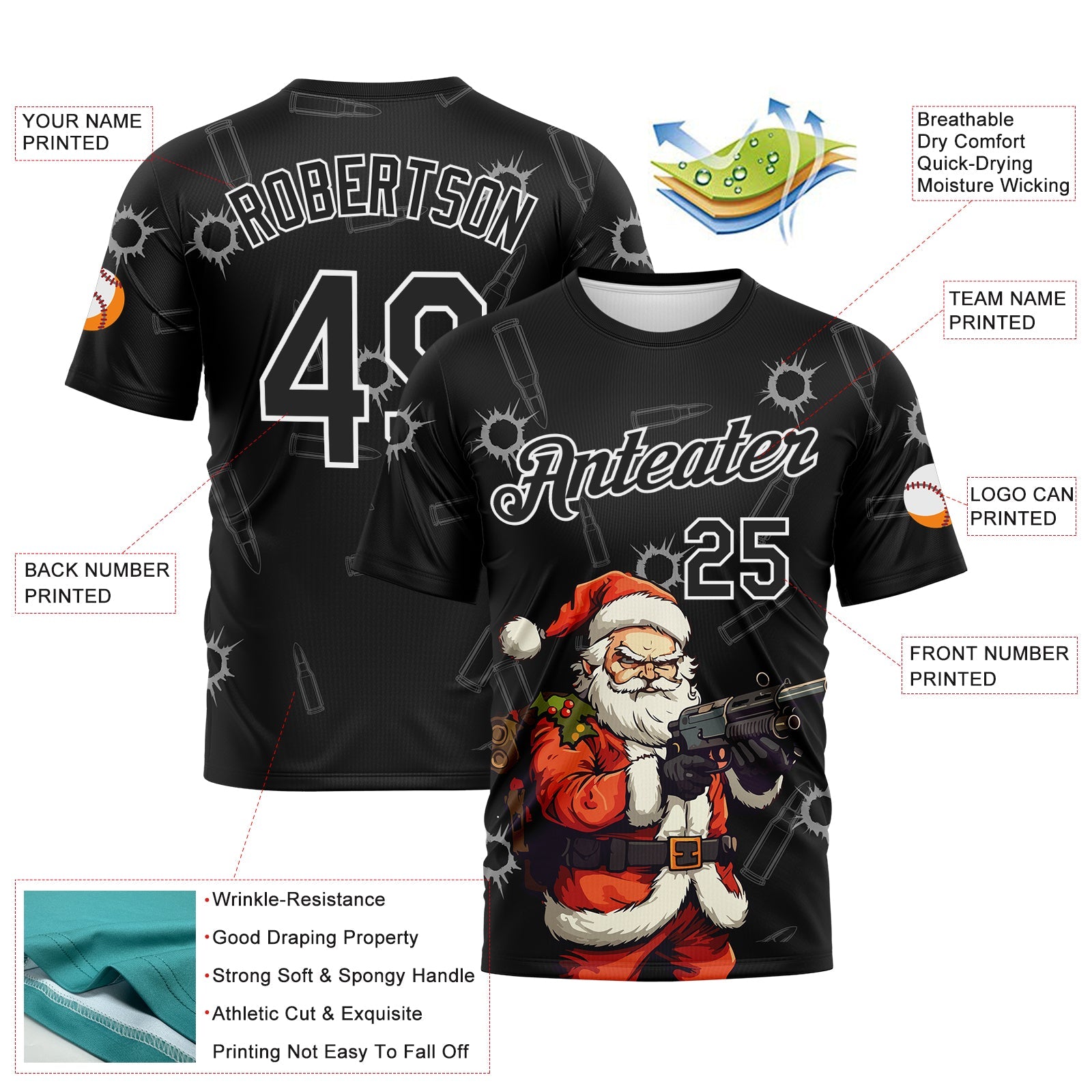 Custom Black Orange-White Christmas Bad Santa Performance T-Shirt view 2