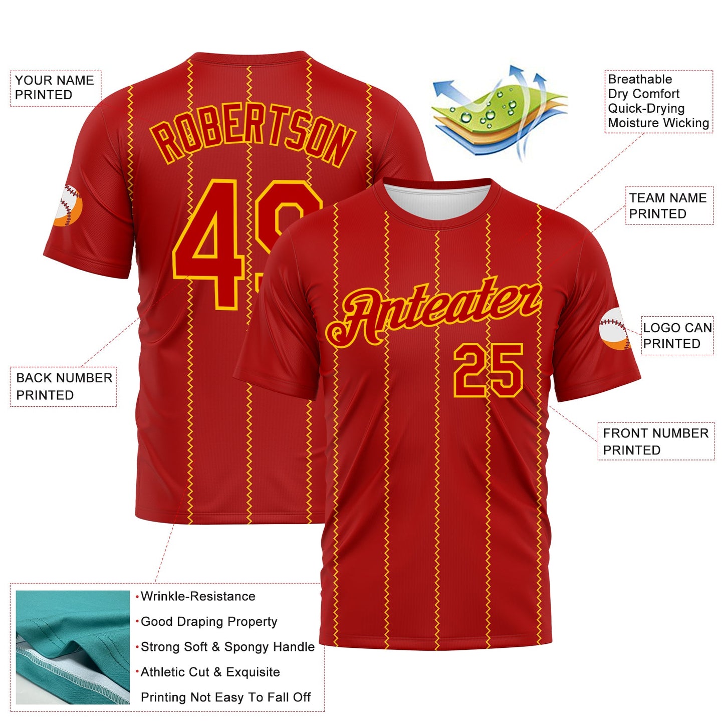 Custom Red-Yellow Zigzag Vertical Stripe Classic Performance T-Shirt view 2