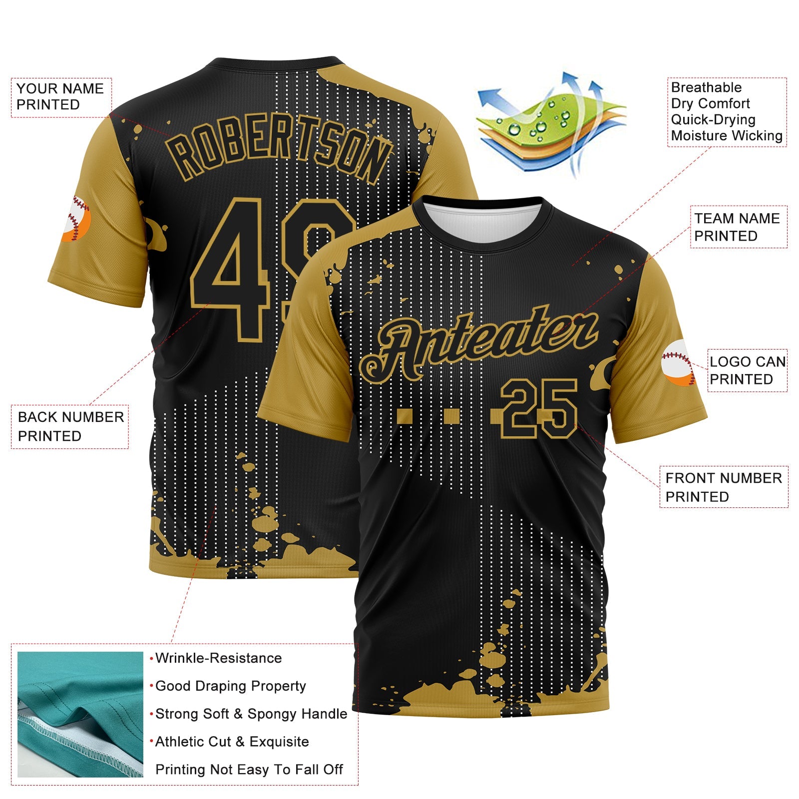 Custom Black-Old Gold Splatter Dot Matrix Performance T-Shirt view 2