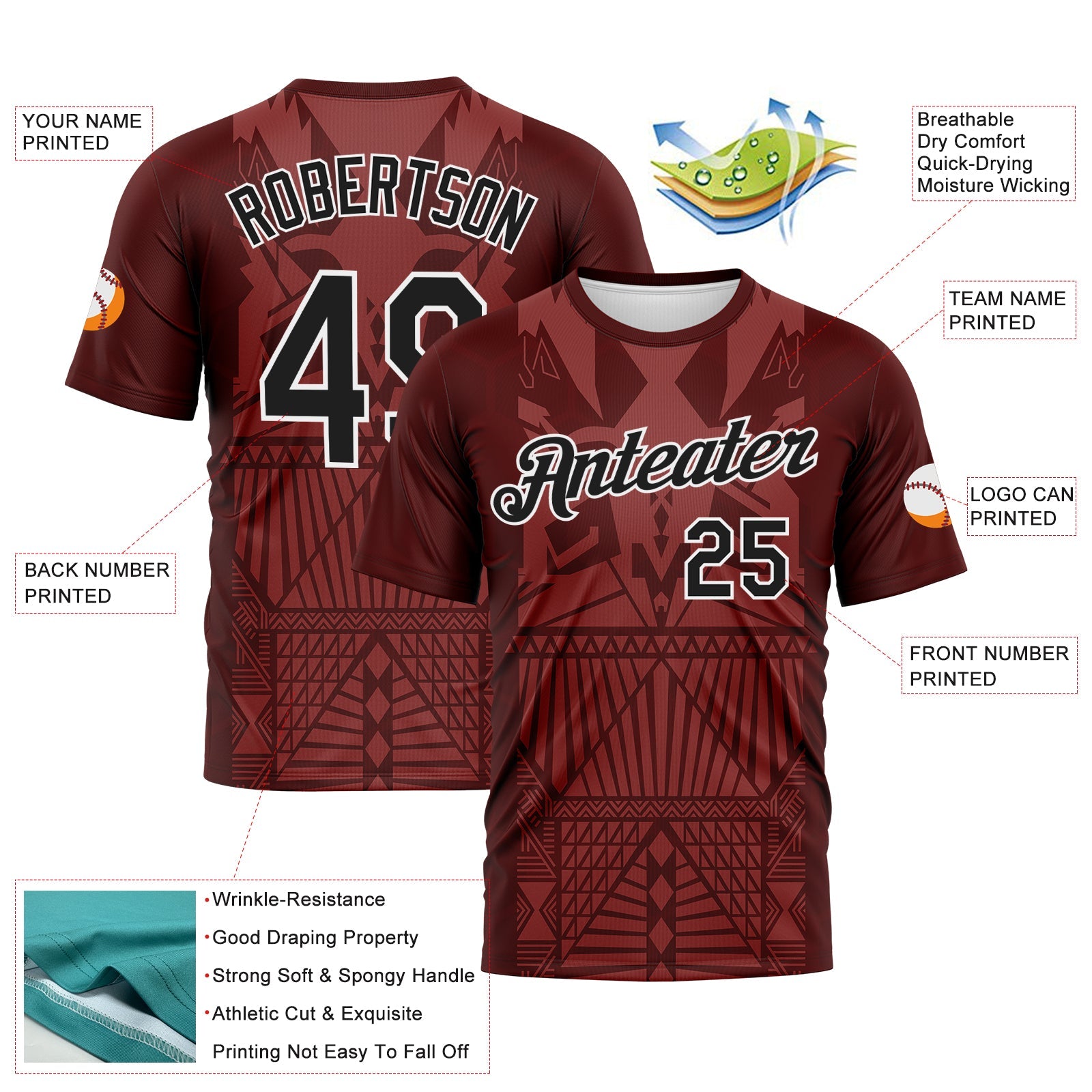 Custom Crimson Black-White Tribal Geometric Performance T-Shirt view 2