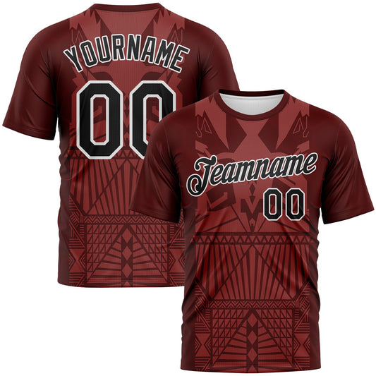 Custom Crimson Black-White Tribal Geometric Performance T-Shirt - Main View