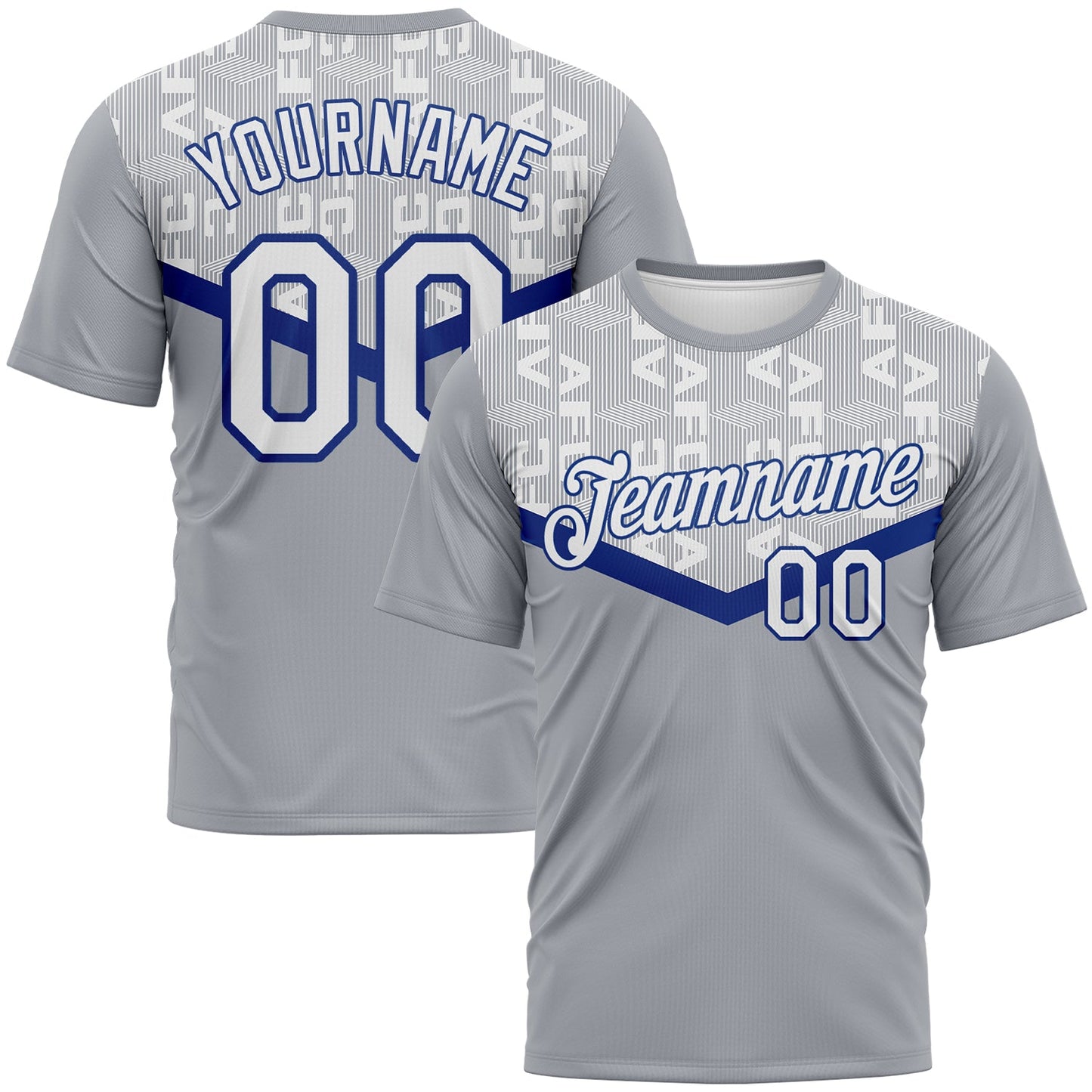 Custom Gray White-Royal Geometric Letter Chevron Stripe Performance T-Shirt - Main View