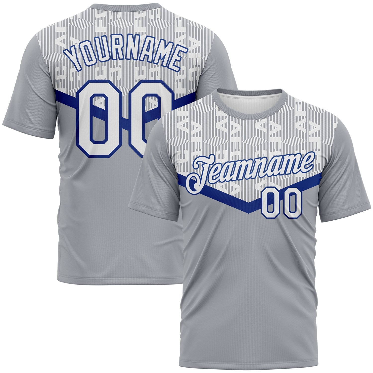 Custom Gray White-Royal Geometric Letter Chevron Stripe Performance T-Shirt - Main View