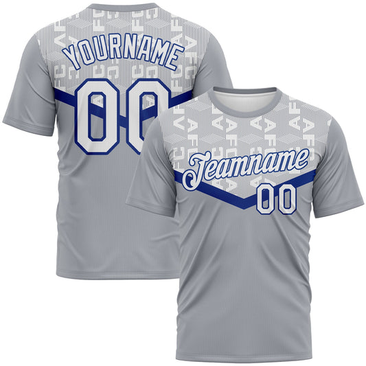 Custom Gray White-Royal Geometric Letter Chevron Stripe Performance T-Shirt - Main View