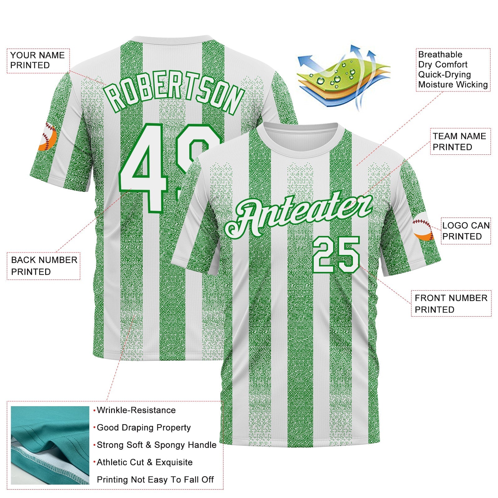 Custom White-Grass Green Vertical Stripe Grunge Texture Classic Performance T-Shirt view 2