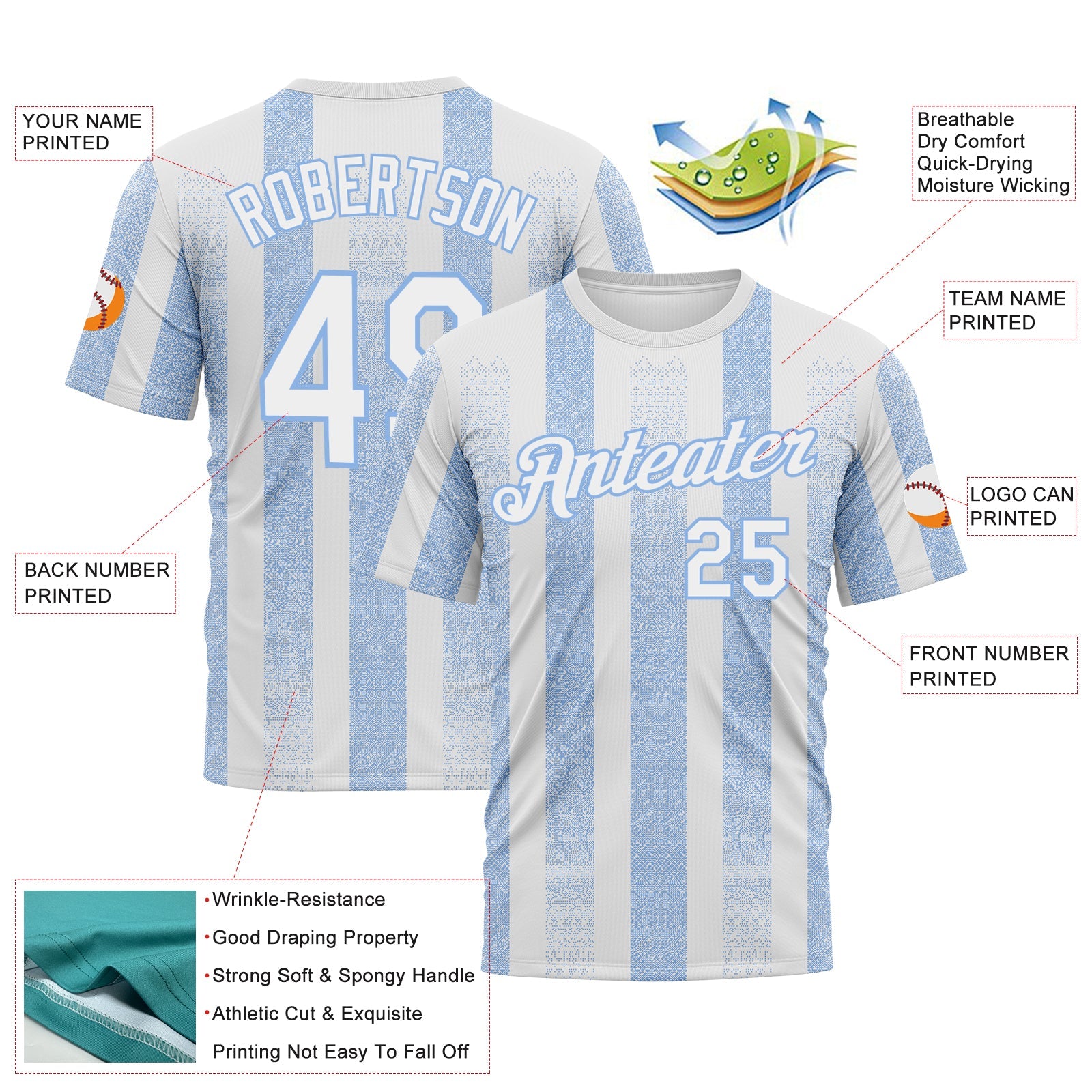 Custom White-Light Blue Vertical Stripe Grunge Texture Classic Performance T-Shirt view 2