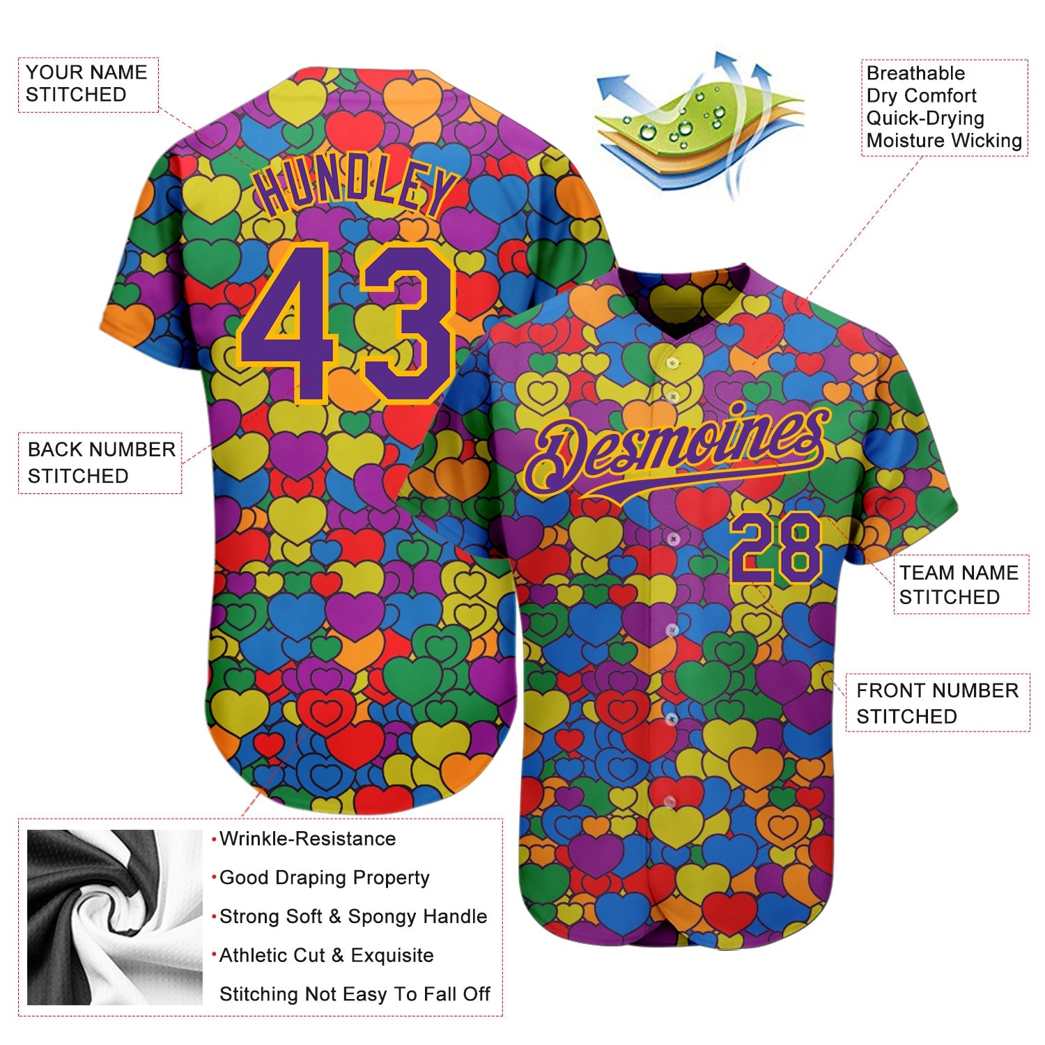 Custom Rainbow For Pride Month Love Is Love LGBT 3D Authentic Baseball Jersey view 3