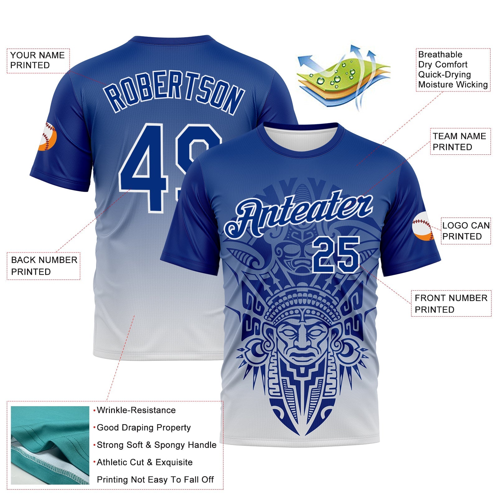 Custom Royal-White Azteca Degrade Effect Performance T-Shirt view 2