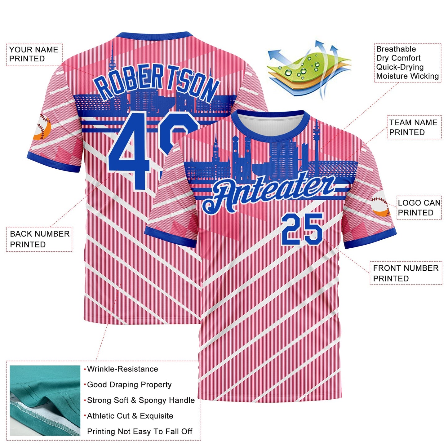 Custom Neon Pink Thunder Blue-White Munich Skyline Diagonal Stripe Performance T-Shirt view 2