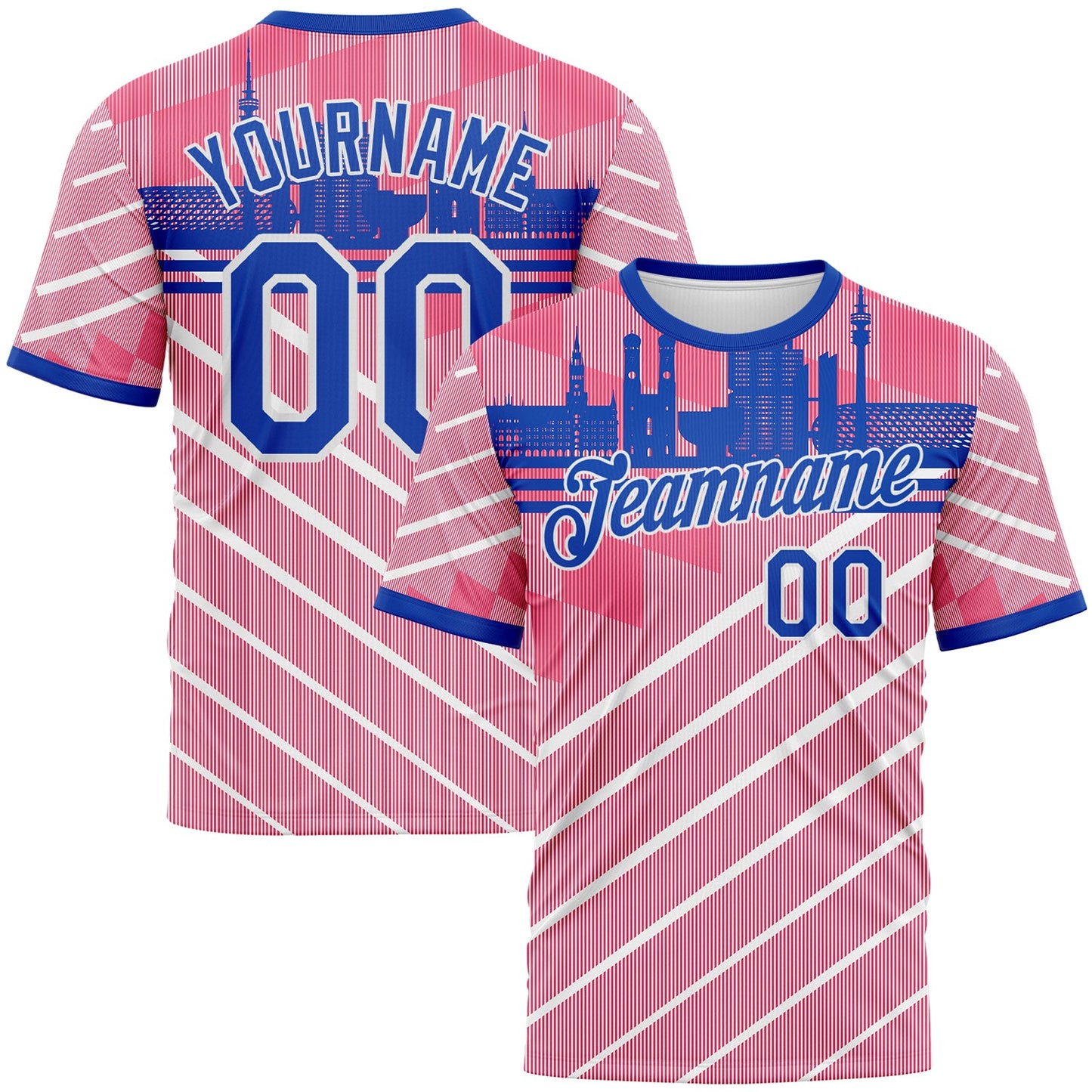 Custom Neon Pink Thunder Blue-White Munich Skyline Diagonal Stripe Performance T-Shirt - Main View
