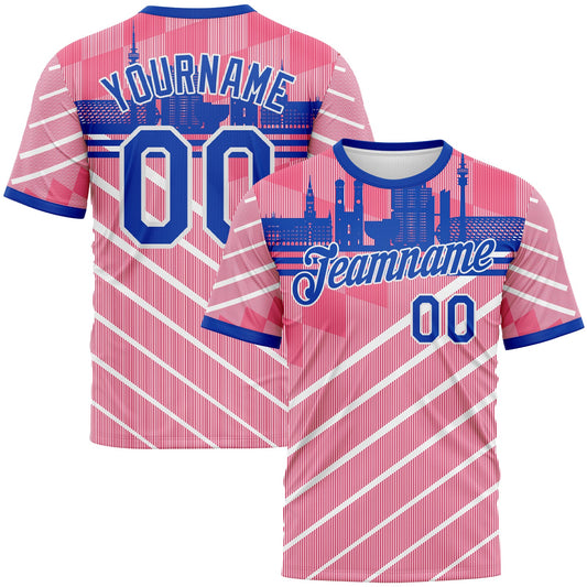Custom Neon Pink Thunder Blue-White Munich Skyline Diagonal Stripe Performance T-Shirt - Main View