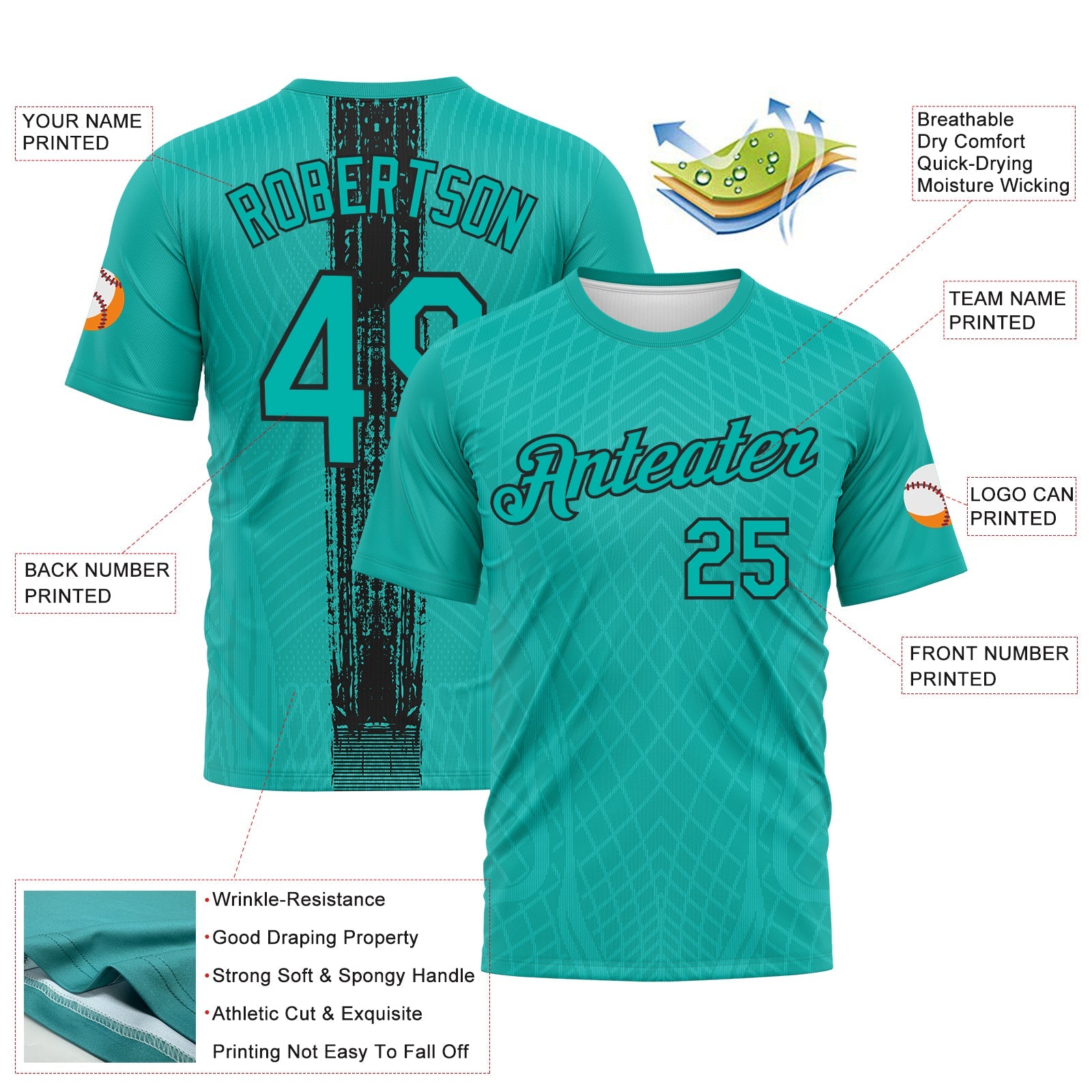 Custom Aqua-Black Geometric Diamond Performance T-Shirt view 2