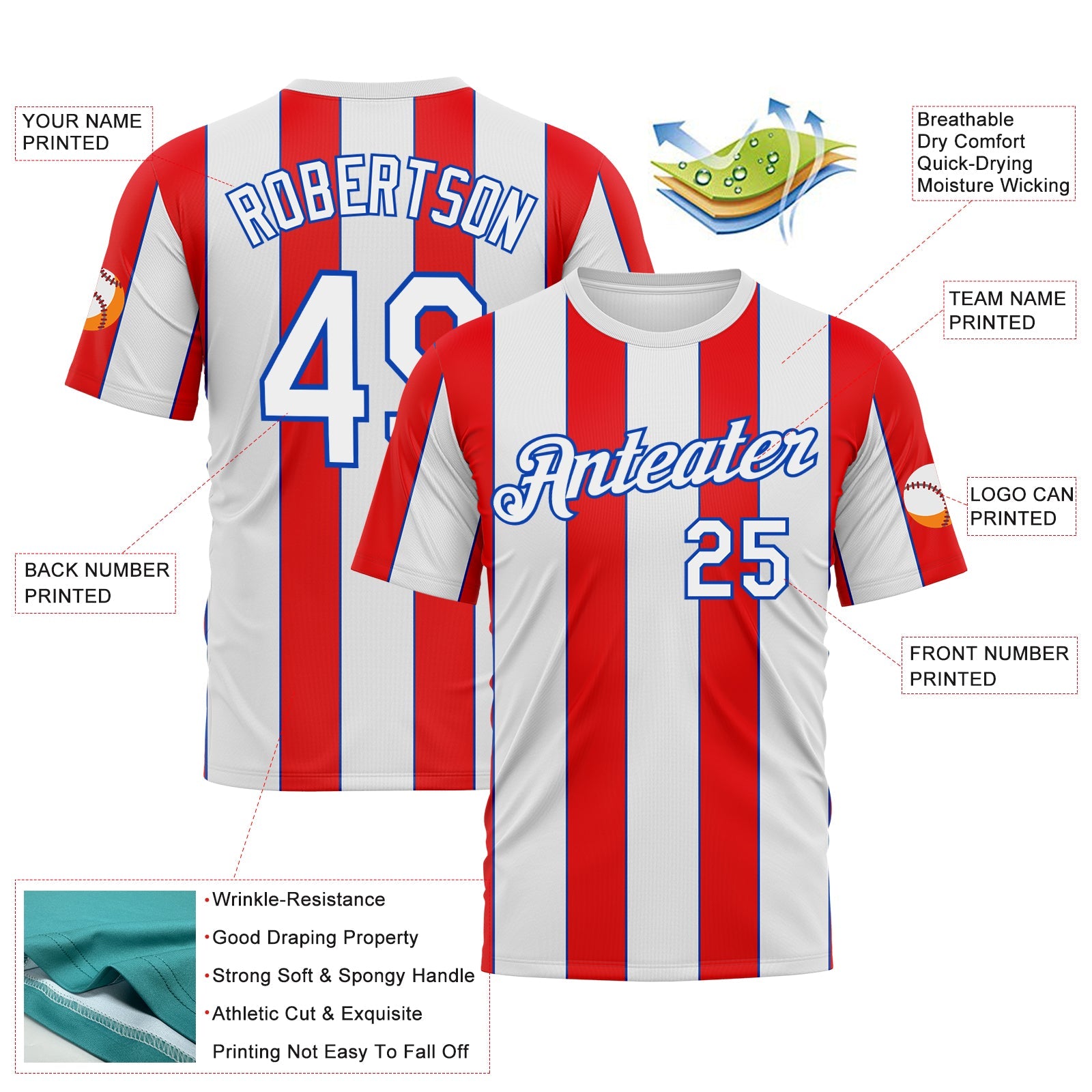 Custom White Fire Red-Thunder Blue Vertical Stripe Classic Performance T-Shirt view 2