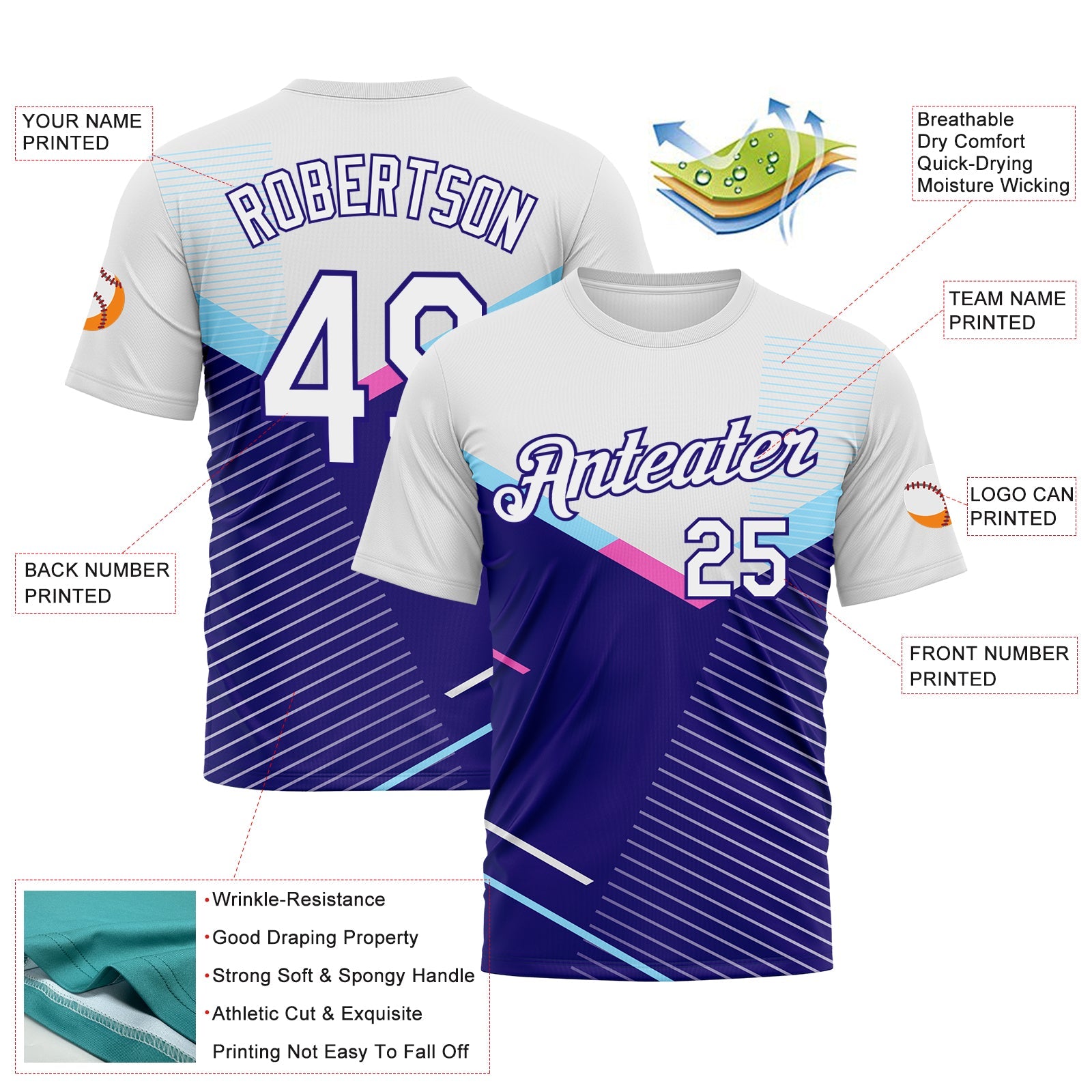Custom White-Dark Purple Geometric Speed Line Chevron Stripe Performance T-Shirt view 2