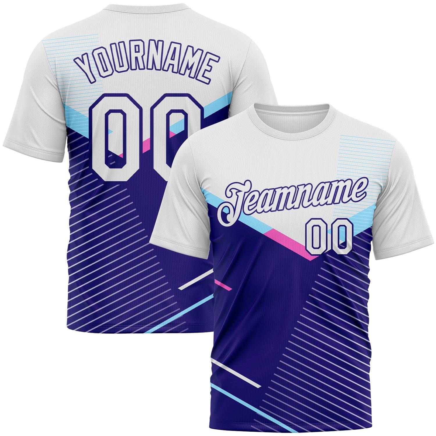 Custom White-Dark Purple Geometric Speed Line Chevron Stripe Performance T-Shirt - Main View