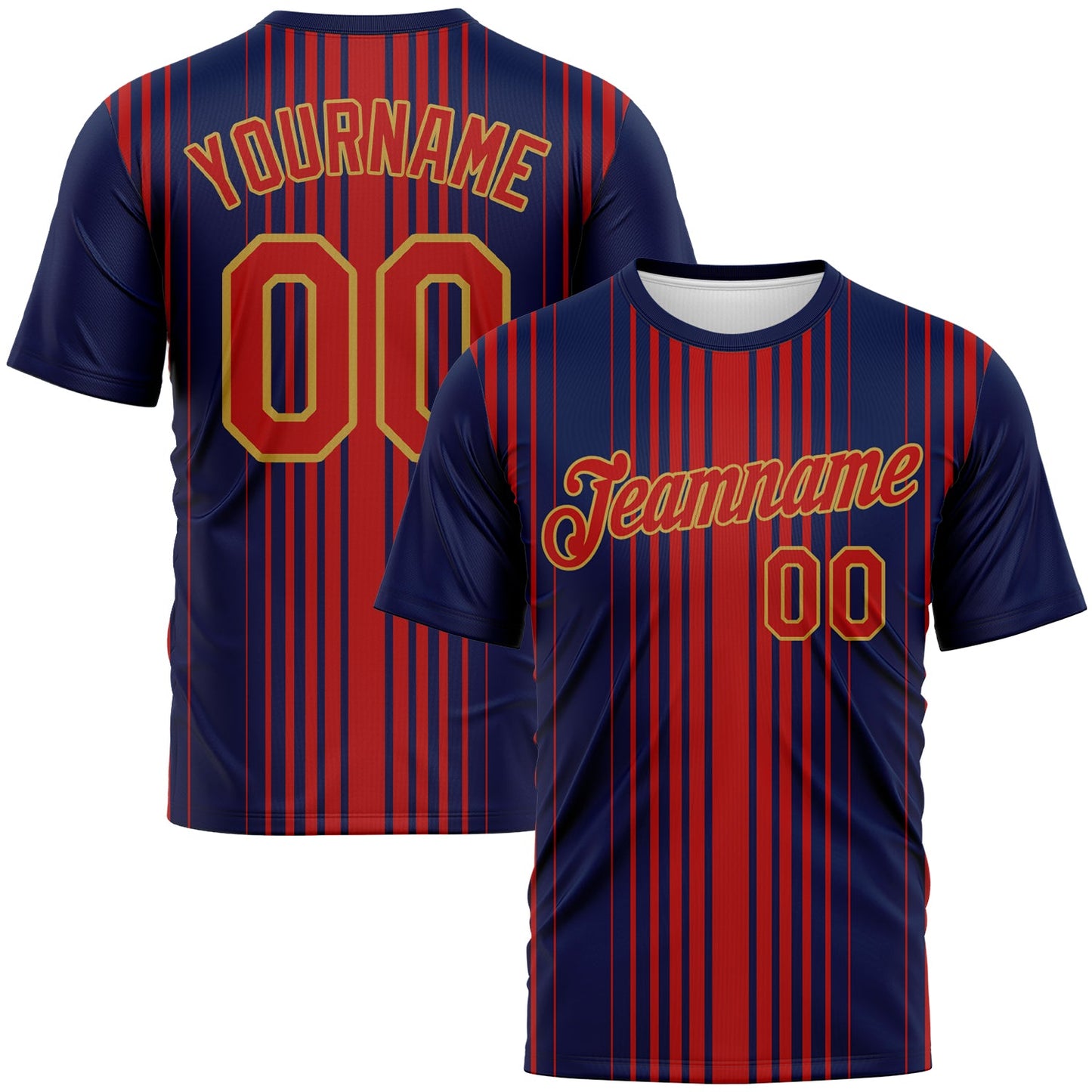 Custom Navy Red-Old Gold Vertical Stripe Classic Performance T-Shirt - Main View
