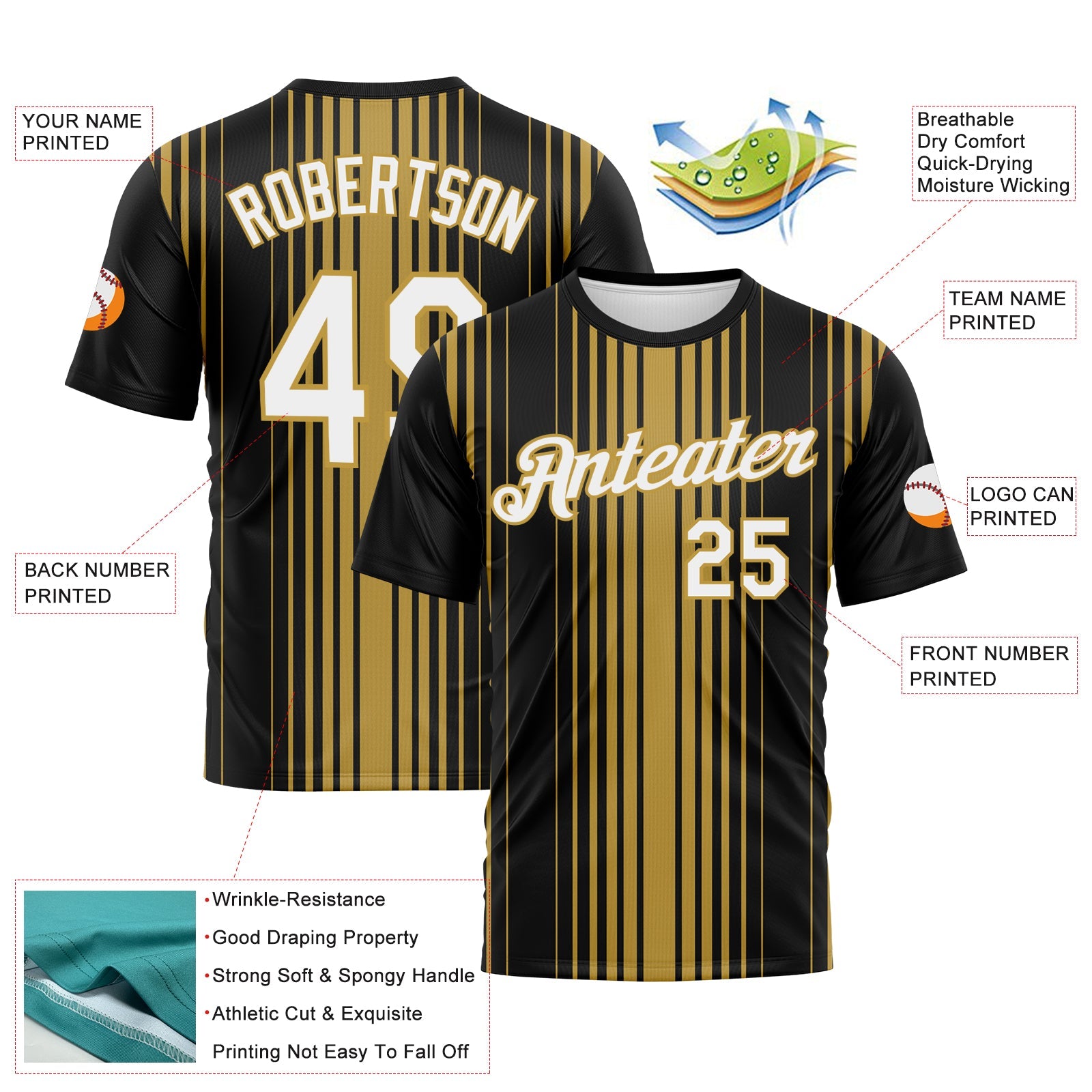 Custom Black White-Old Gold Vertical Stripe Classic Performance T-Shirt view 2
