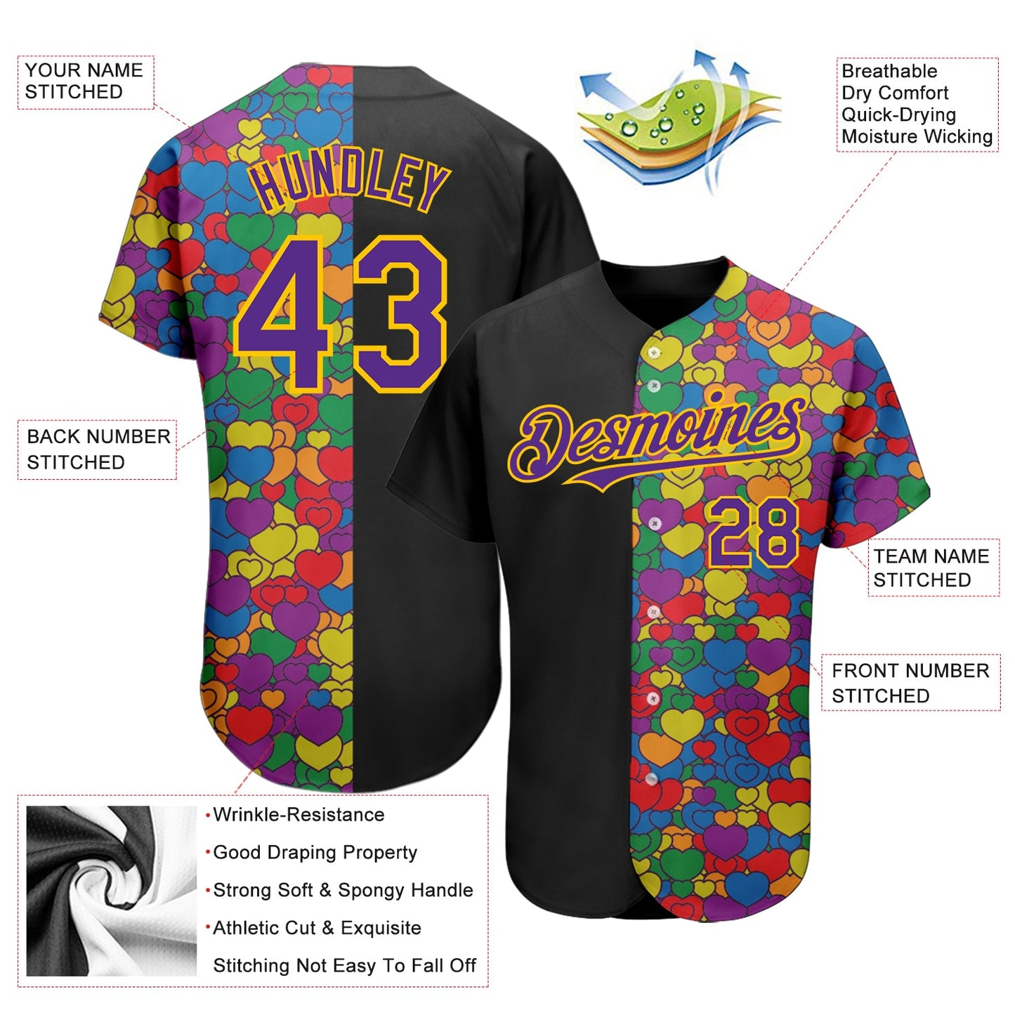 Custom Rainbow For Pride Month Love Is Love LGBT 3D Authentic Baseball Jersey view 3