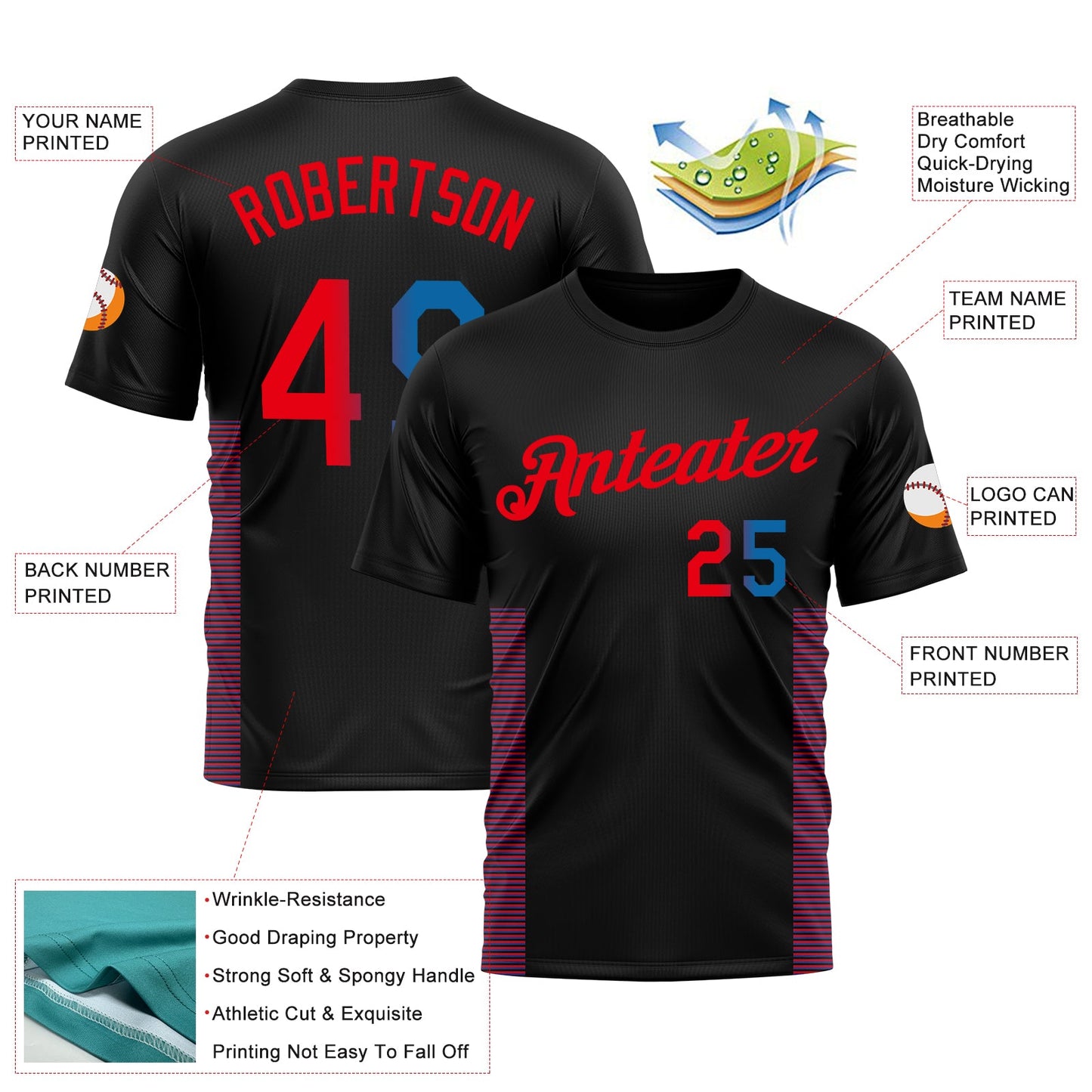 Custom Black Blue-Fire Red Lineal Performance T-Shirt view 2