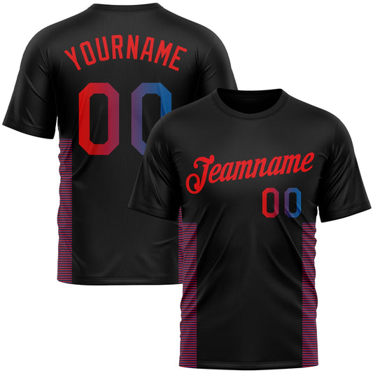 Custom Black Blue-Fire Red Lineal Performance T-Shirt - Main View