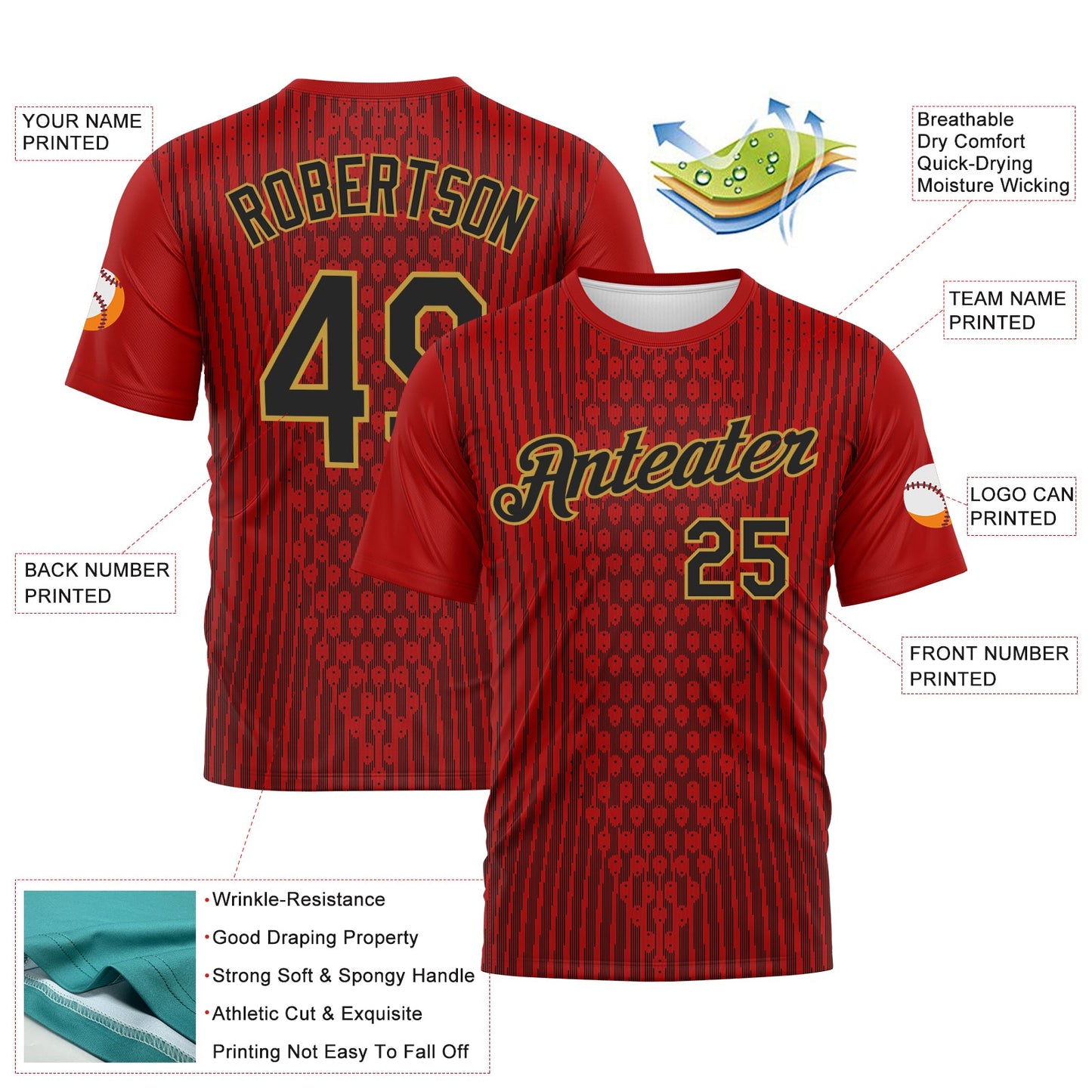 Custom Red Black-Old Gold Pixel Vertical Stripe Hexagon Performance T-Shirt view 2