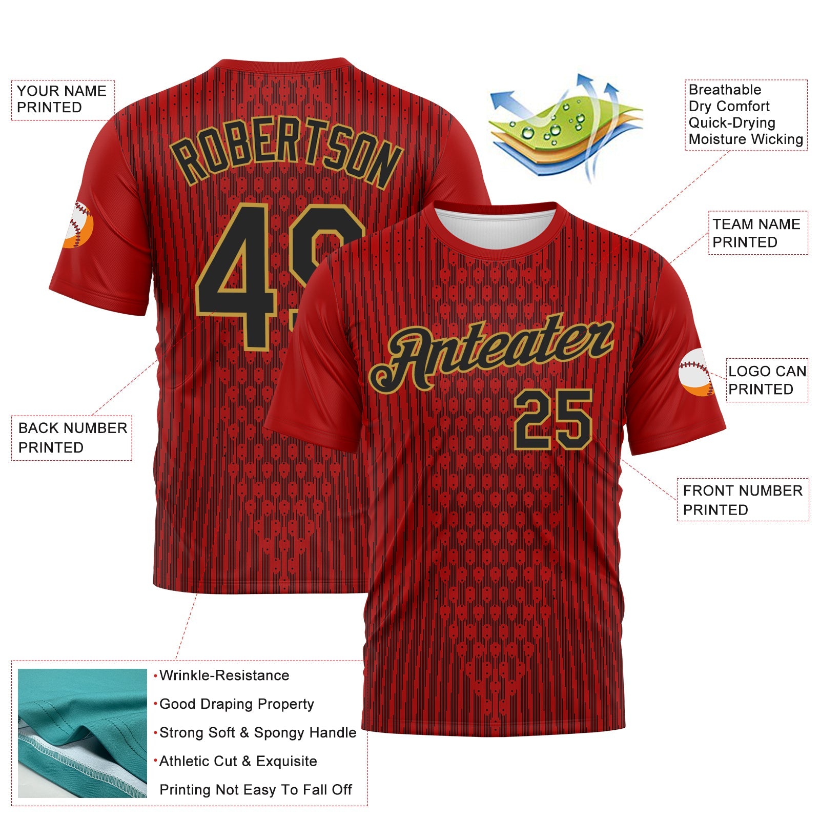 Custom Red Black-Old Gold Pixel Vertical Stripe Hexagon Performance T-Shirt view 2