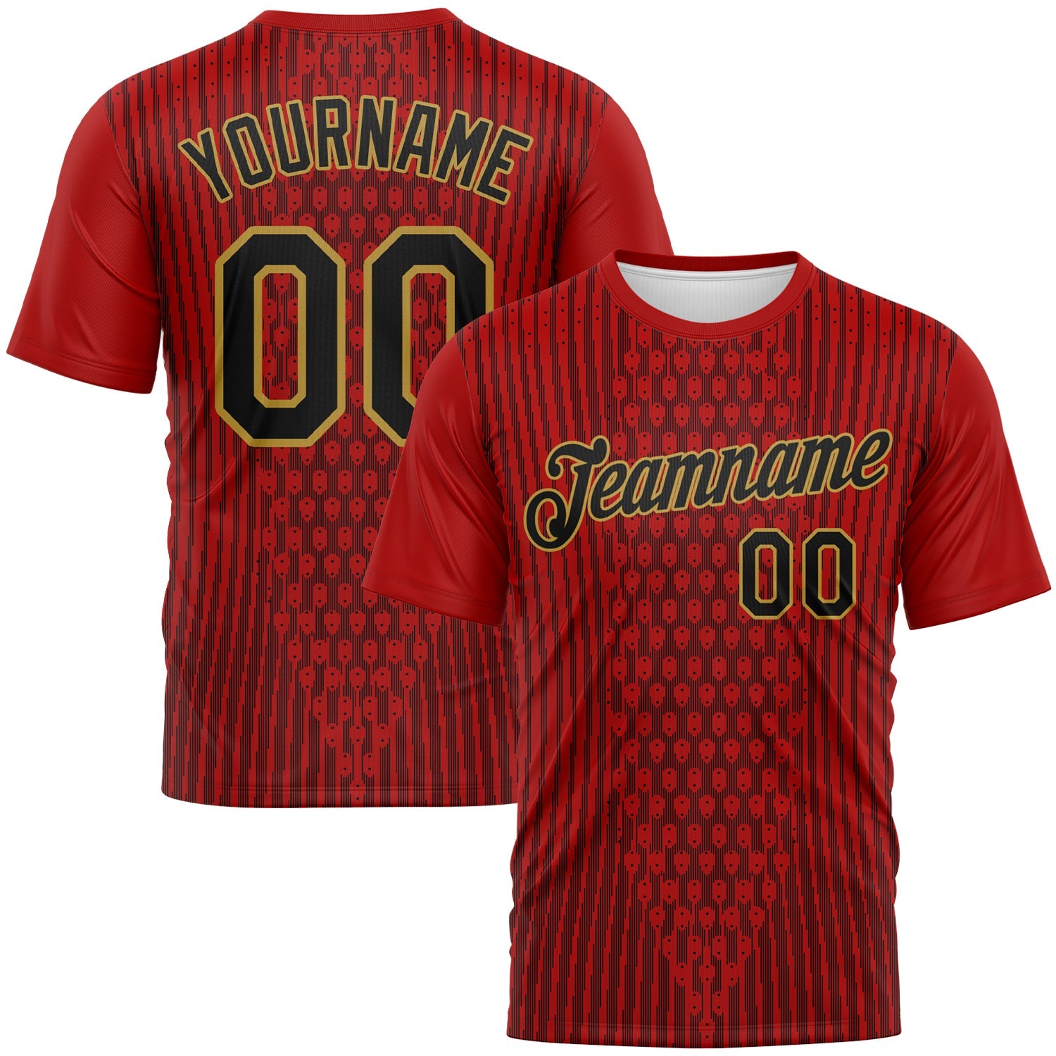 Custom Red Black-Old Gold Pixel Vertical Stripe Hexagon Performance T-Shirt - Main View