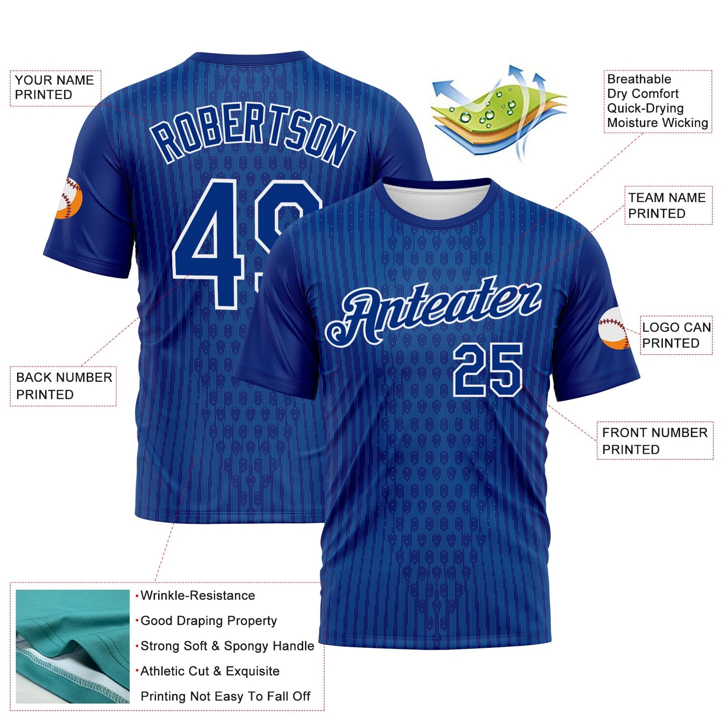 Custom Royal Blue-White Pixel Vertical Stripe Hexagon Performance T-Shirt view 2
