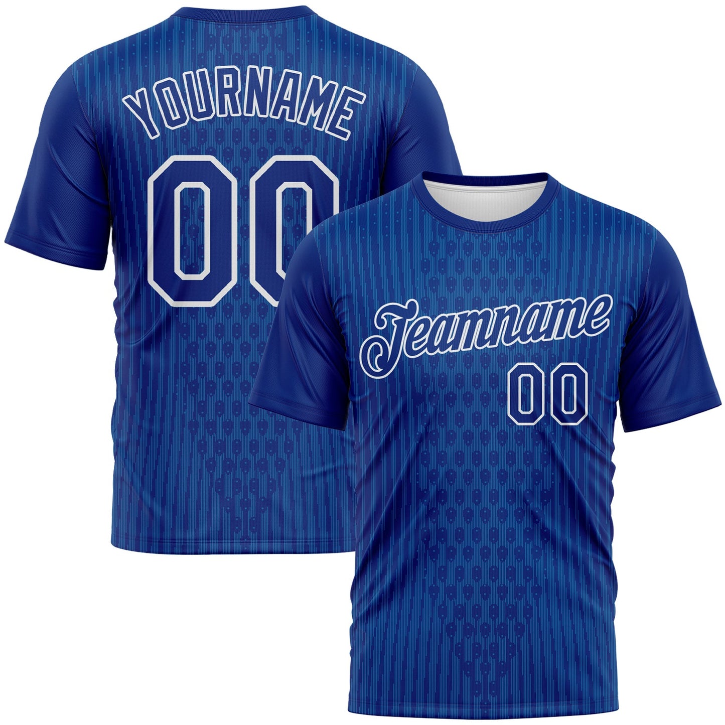 Custom Royal Blue-White Pixel Vertical Stripe Hexagon Performance T-Shirt - Main View