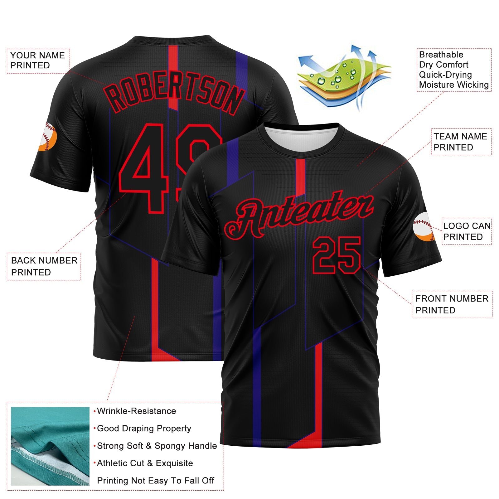 Custom Black Dark Purple-Fire Red Geometric Performance T-Shirt view 2