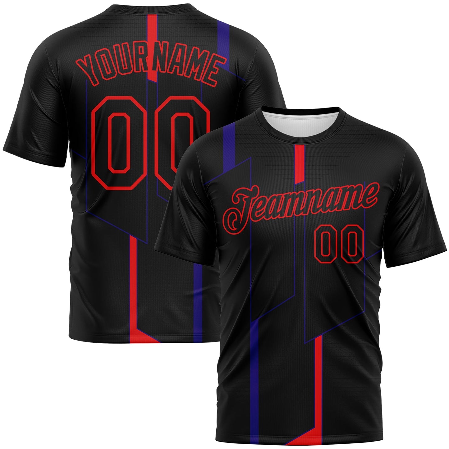 Custom Black Dark Purple-Fire Red Geometric Performance T-Shirt - Main View