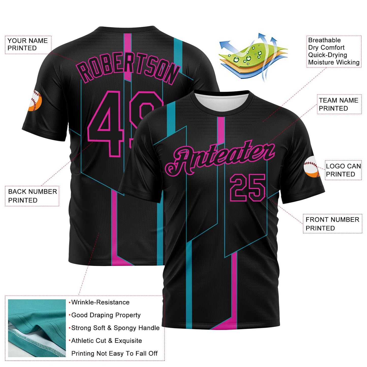 Custom Black Teal-Deep Pink Geometric Performance T-Shirt view 2