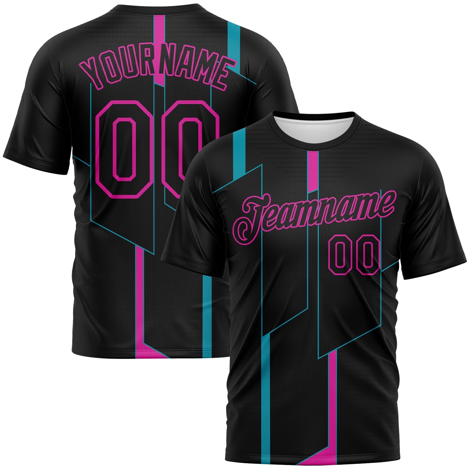 Custom Black Teal-Deep Pink Geometric Performance T-Shirt - Main View