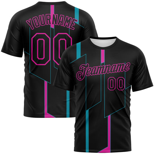 Custom Black Teal-Deep Pink Geometric Performance T-Shirt - Main View