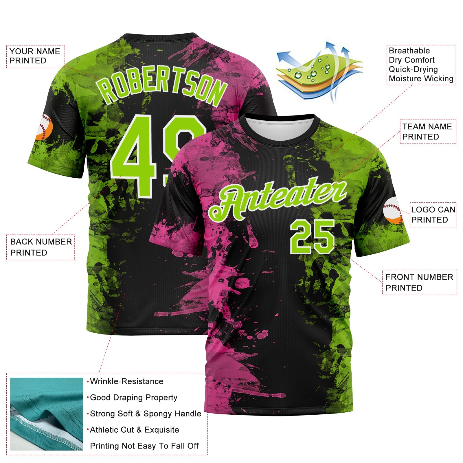 Custom Pink Neon Green Black-White Ink Splash Duotono Style Performance T-Shirt view 2