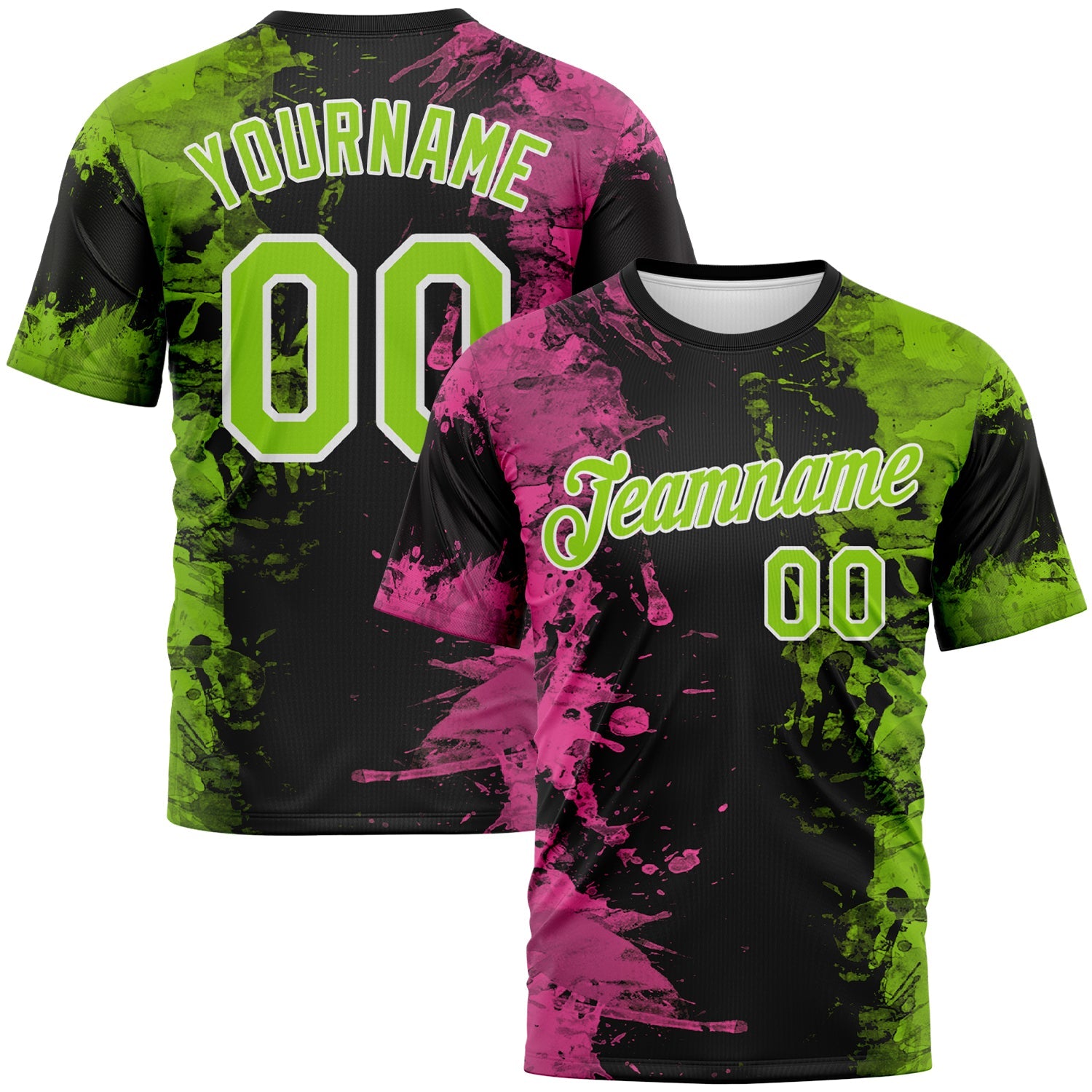 Custom Pink Neon Green Black-White Ink Splash Duotono Style Performance T-Shirt - Main View