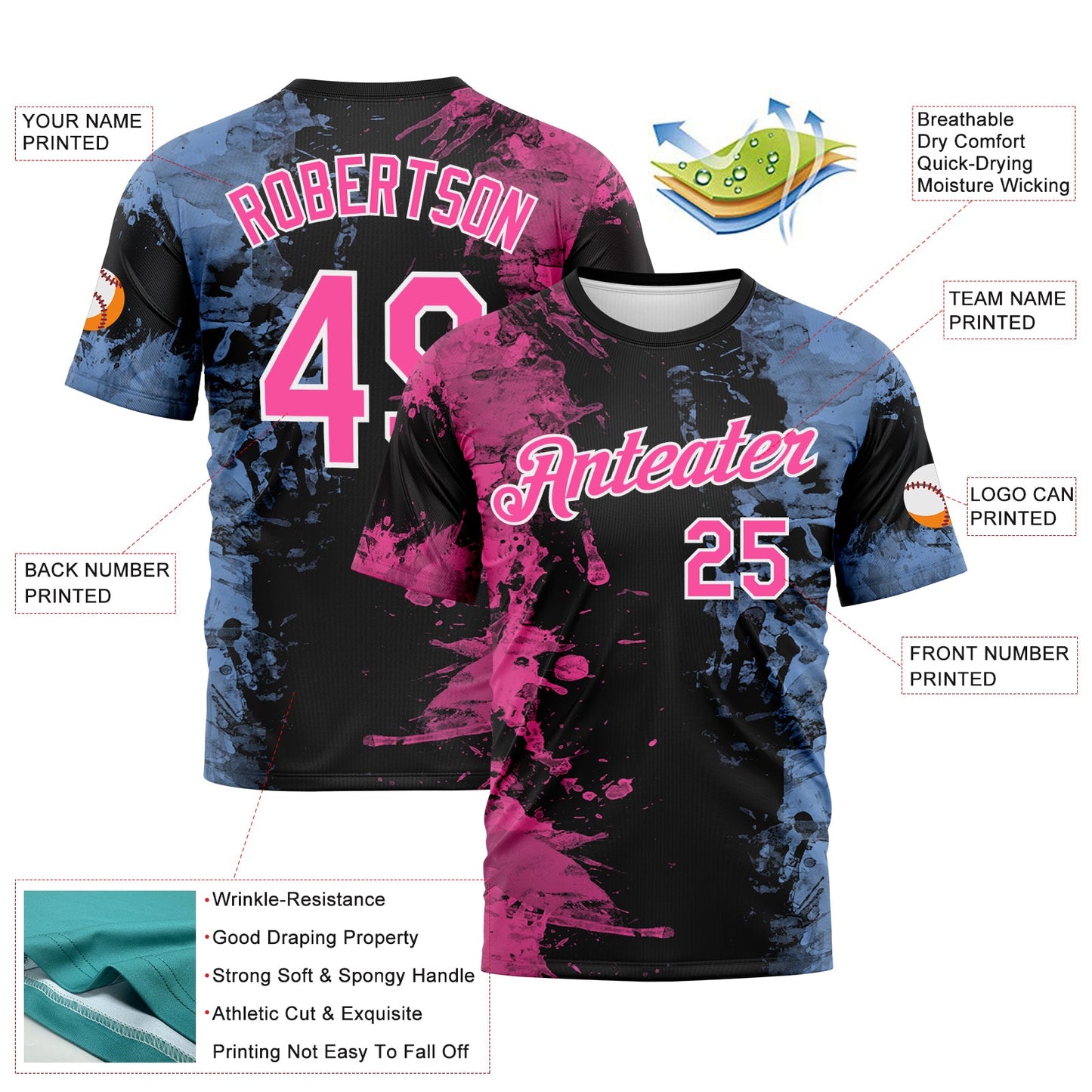 Custom Pink Black Light Blue-White Ink Splash Duotono Style Performance T-Shirt view 2