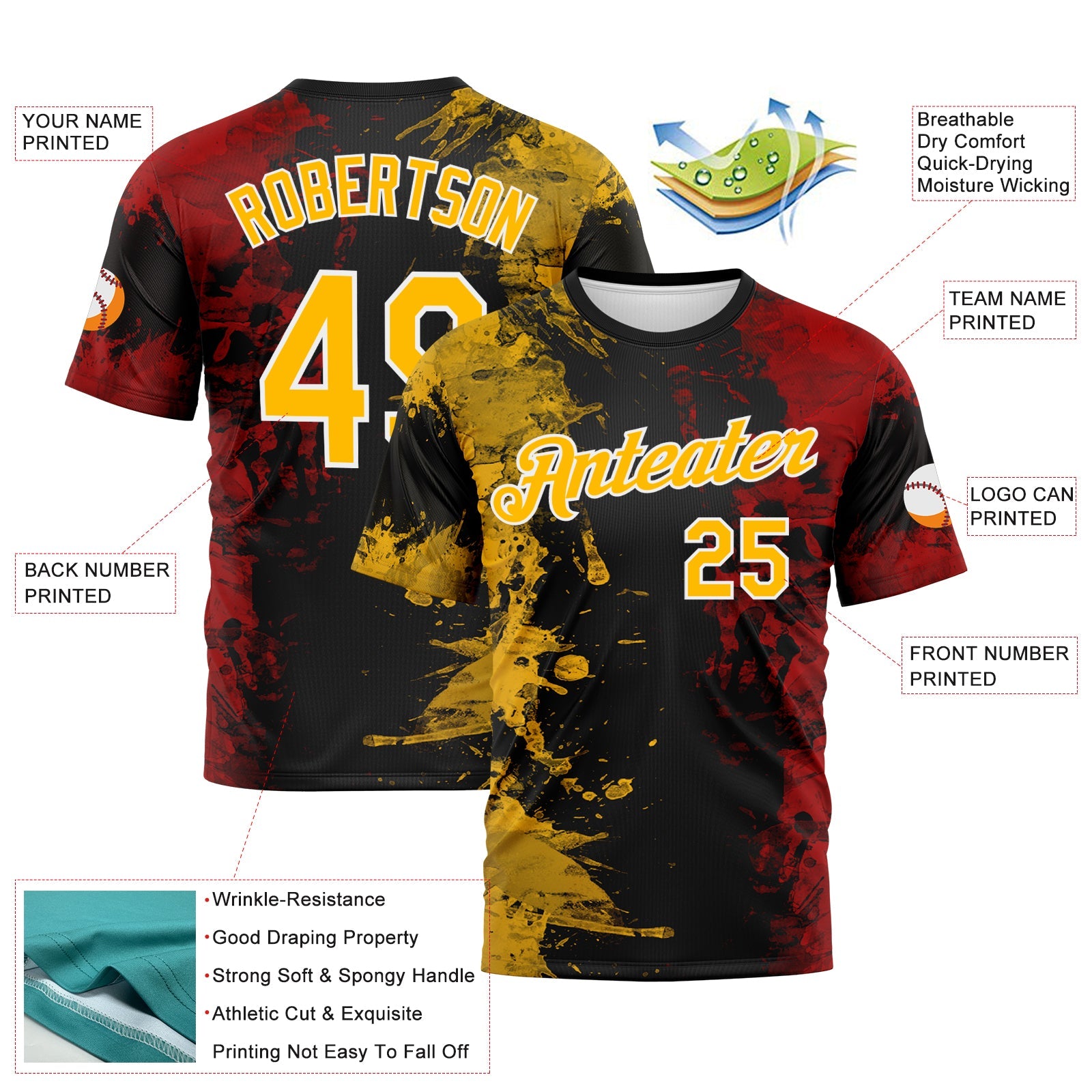Custom Gold Black Red-White Ink Splash Duotono Style Performance T-Shirt view 2