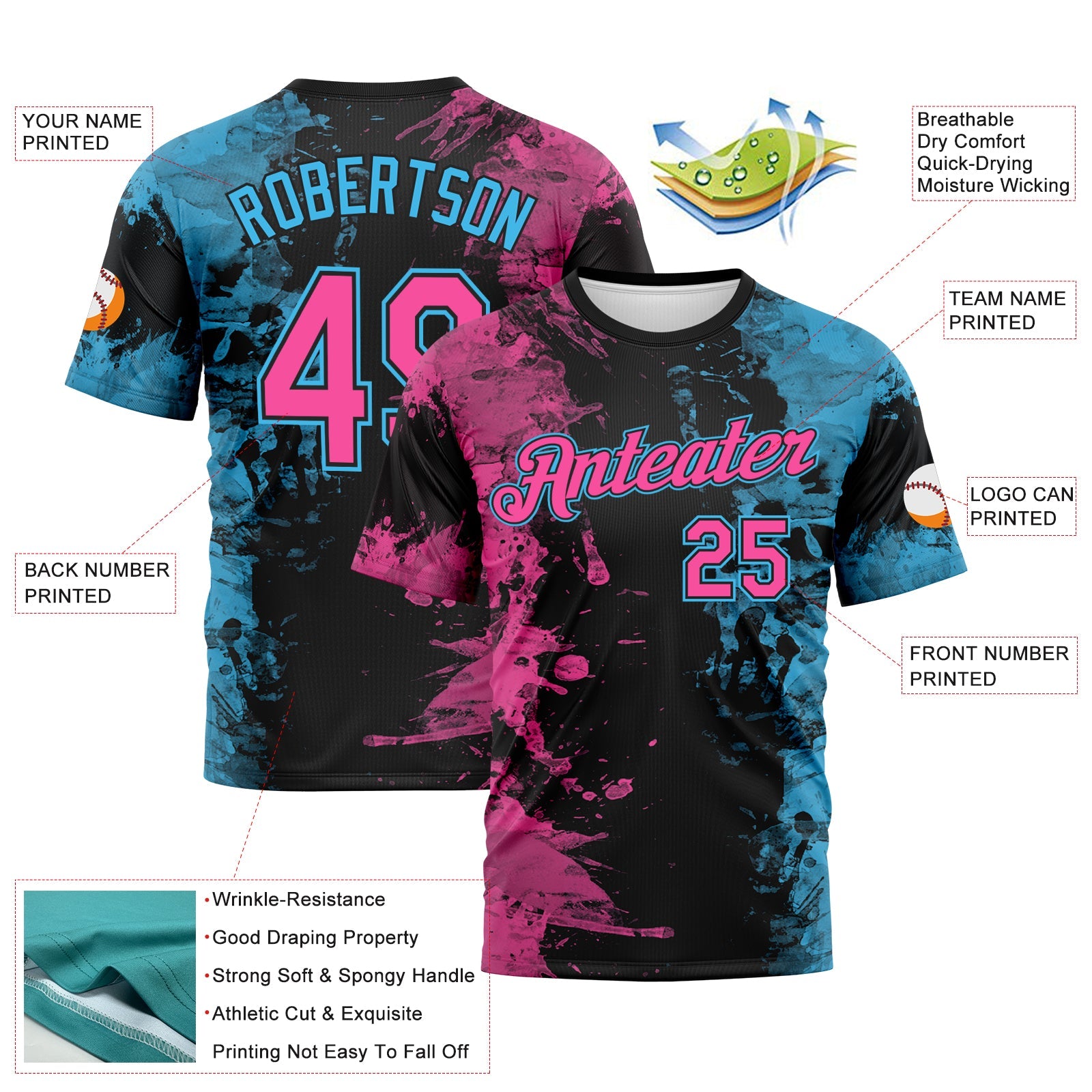 Custom Pink Black-Sky Blue Ink Splash Duotono Style Performance T-Shirt view 2
