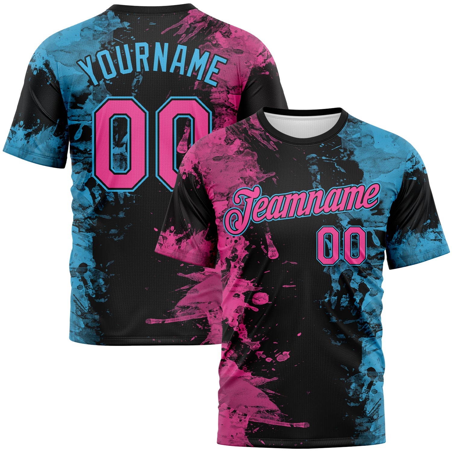 Custom Pink Black-Sky Blue Ink Splash Duotono Style Performance T-Shirt - Main View