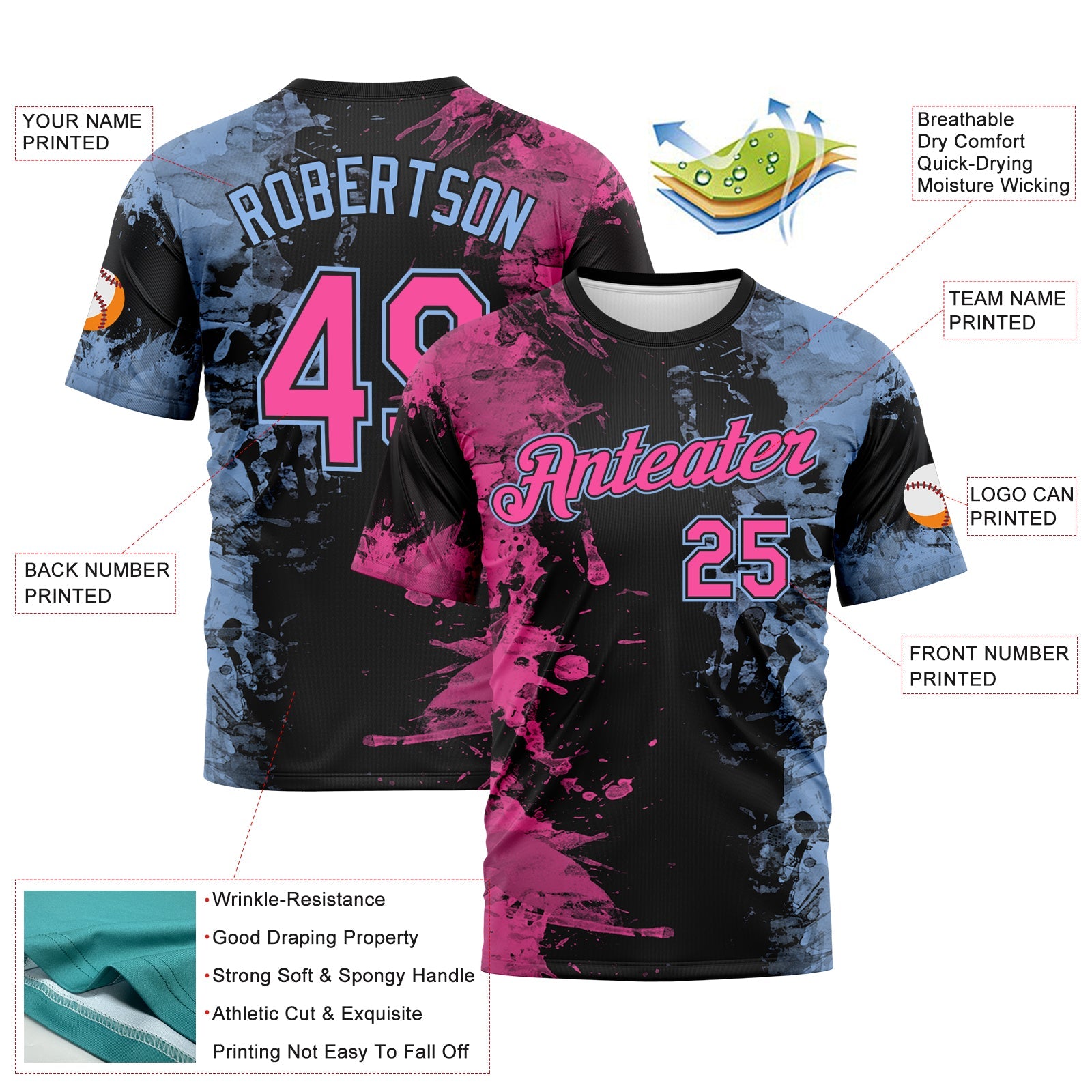 Custom Pink Black-Light Blue Ink Splash Duotono Style Performance T-Shirt view 2